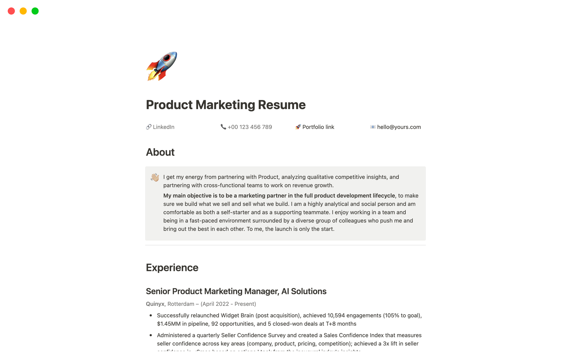 Create a professional Product Marketing resume in Notion