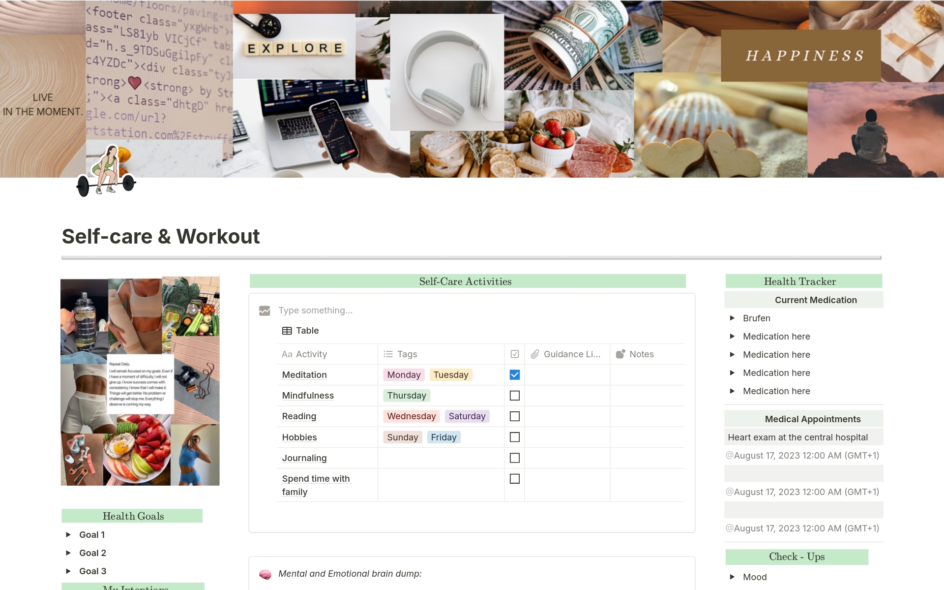 Fitness Notion Dashboard, Self-care Notion template, Workout tracker notion, notion workout planner, medication tracker meal planning notion
