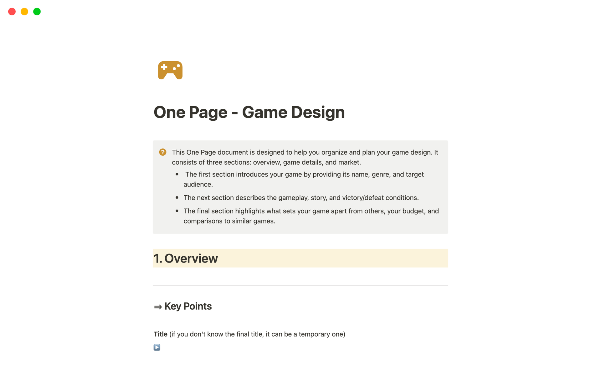 A One Page document designed to help you organize and plan your game design.