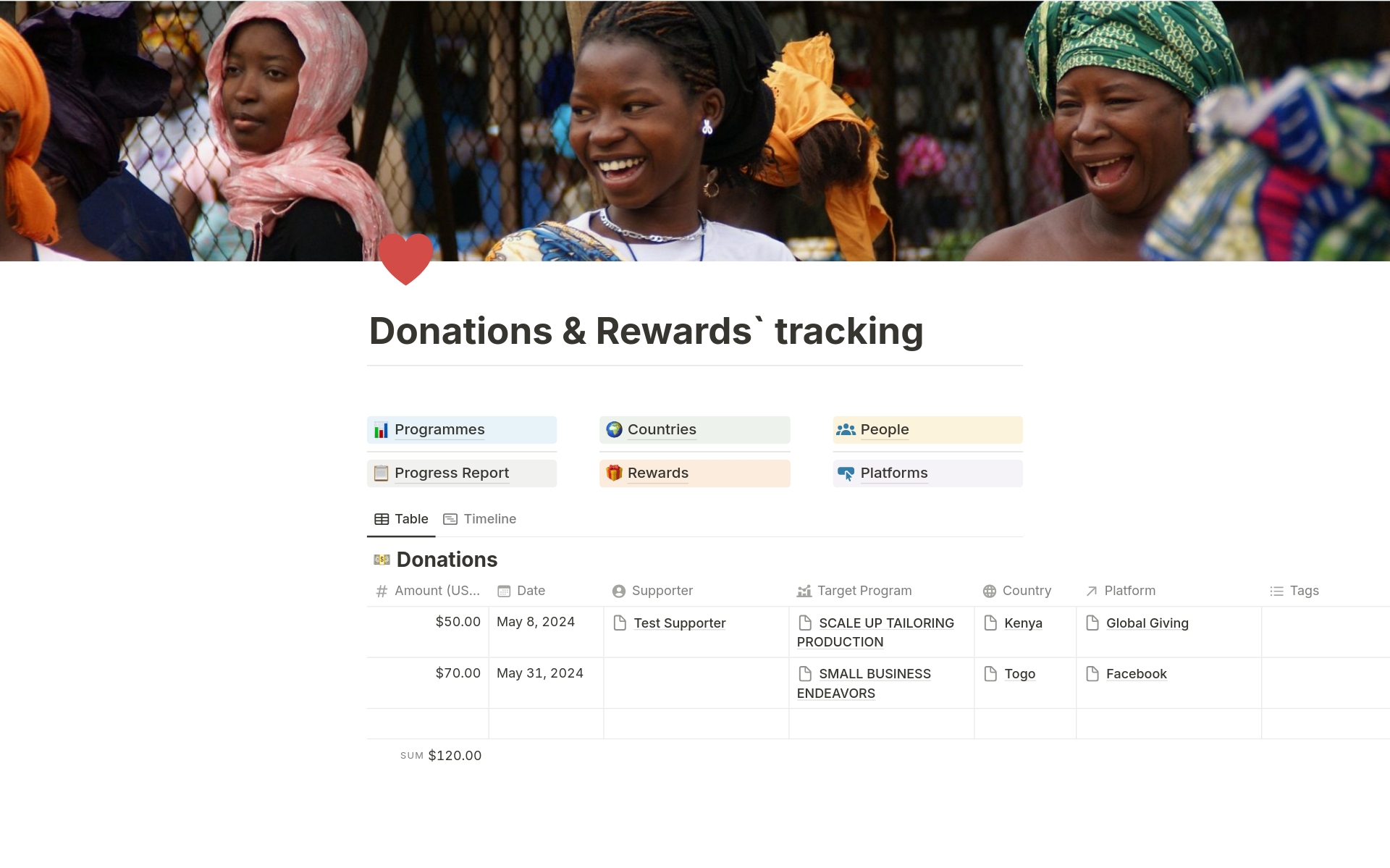 Uma prévia do modelo para Donations & Rewards’ tracking