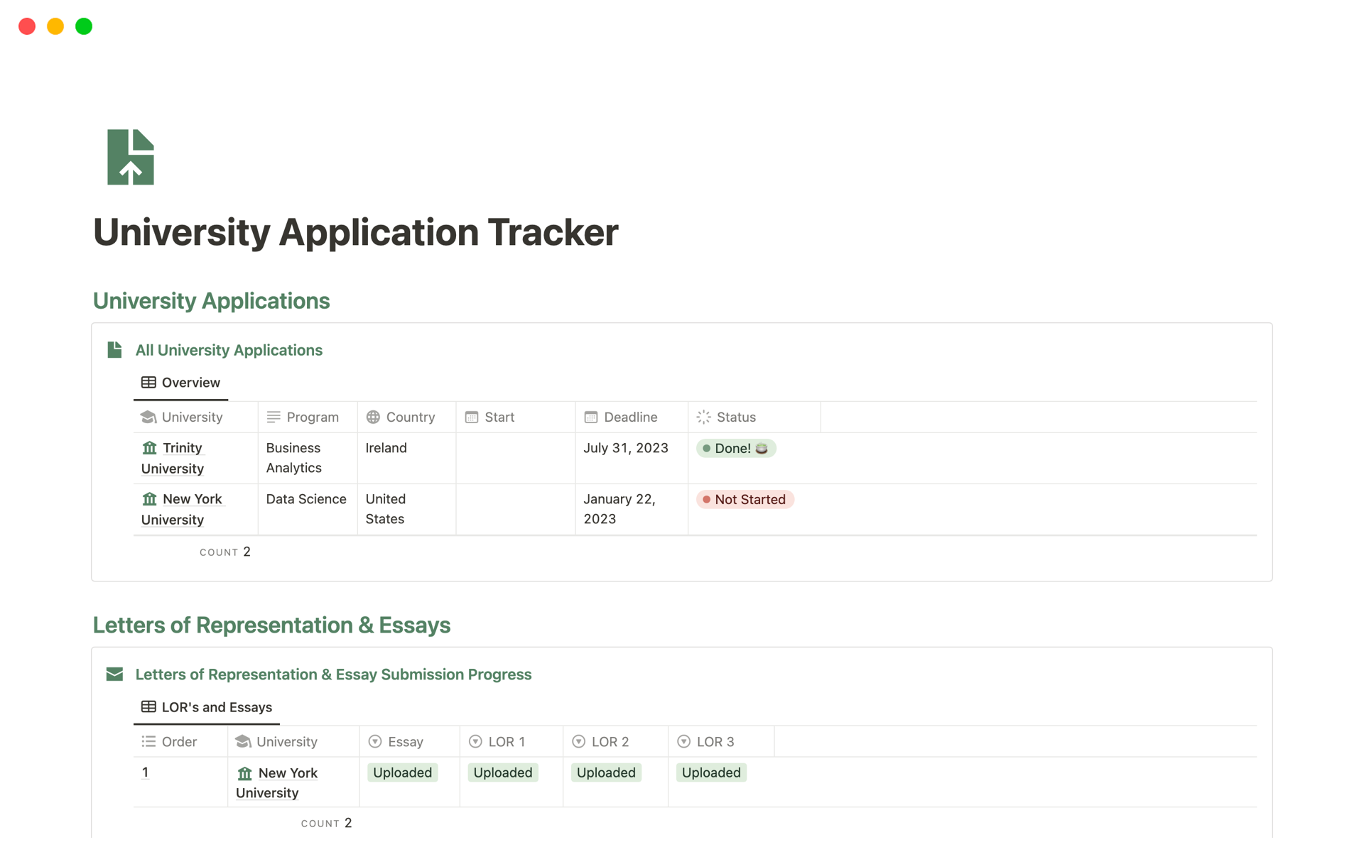 Eine Vorlagenvorschau für Simple Green University Application Tracker