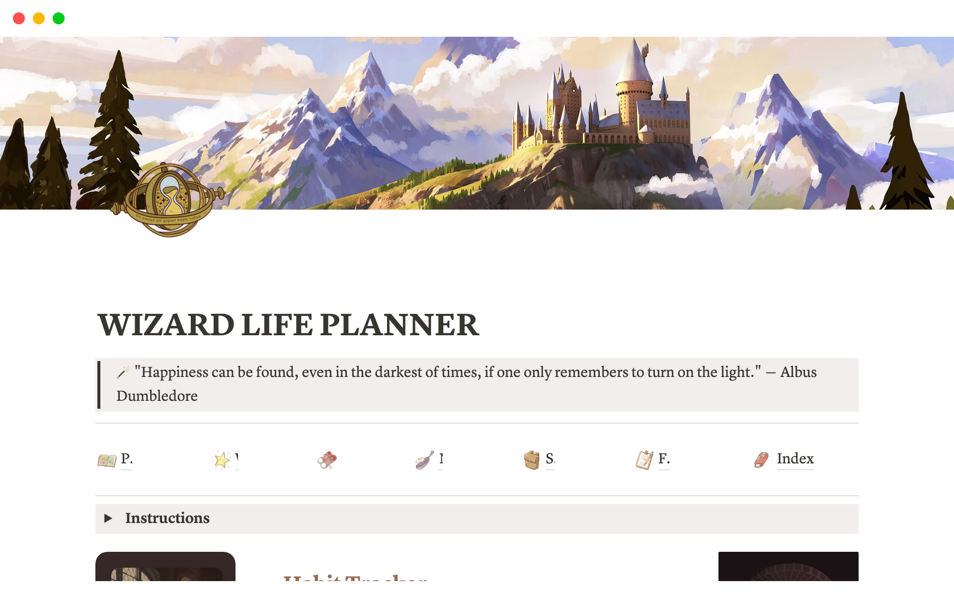 Uma prévia do modelo para Wizard Ultimate Life Planner Notion Template