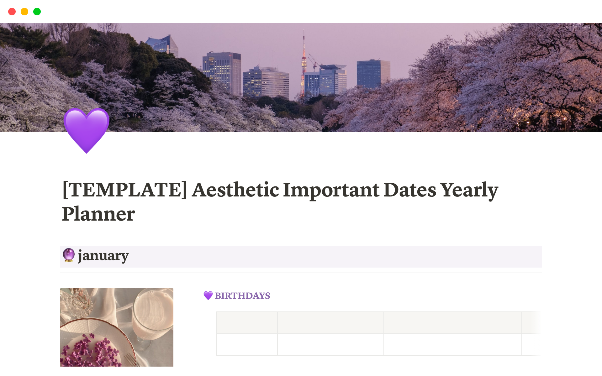 Aesthetic Important Dates Yearly Plannerのテンプレートのプレビュー
