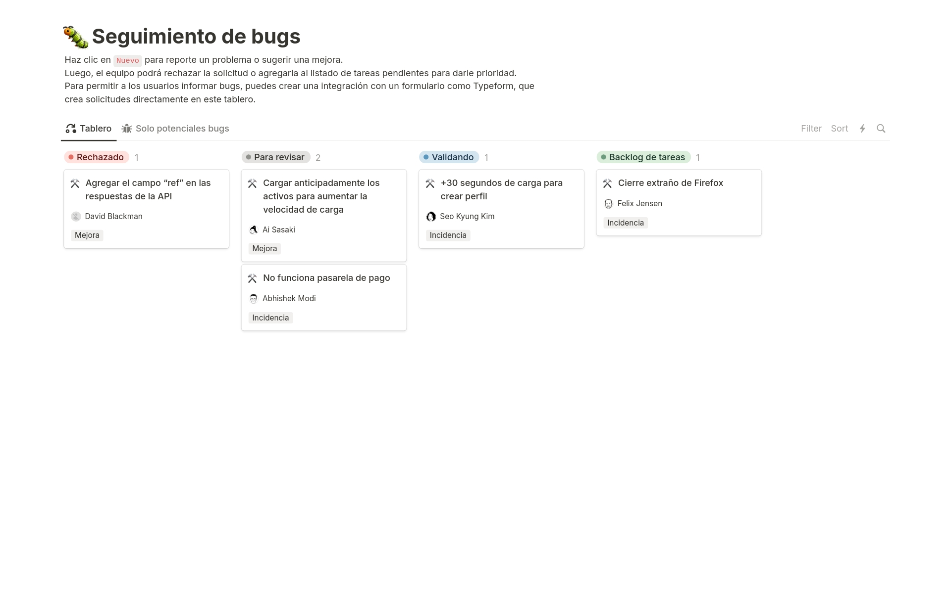 Vista previa de una plantilla para 🐛 Seguimiento de bugs