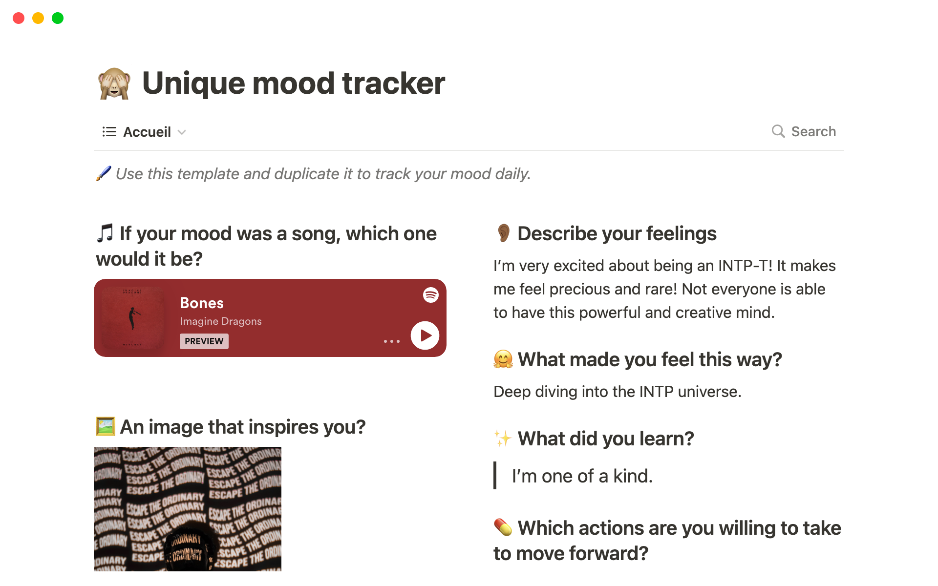 A template preview for Unique mood tracker