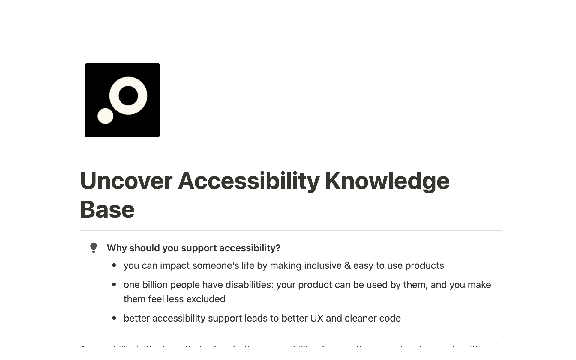 A template preview for uncover Accessibility - knowledge base