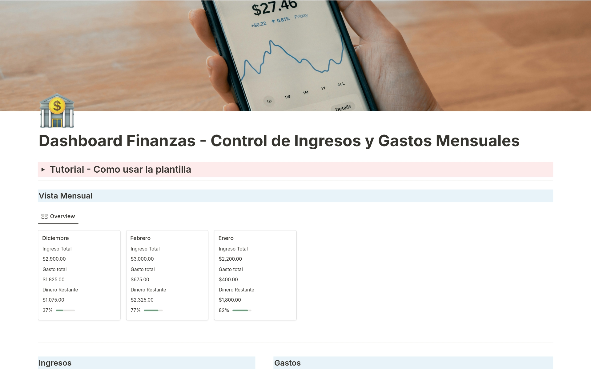 En forhåndsvisning av mal for Control de Ingresos y Gastos Mensuales