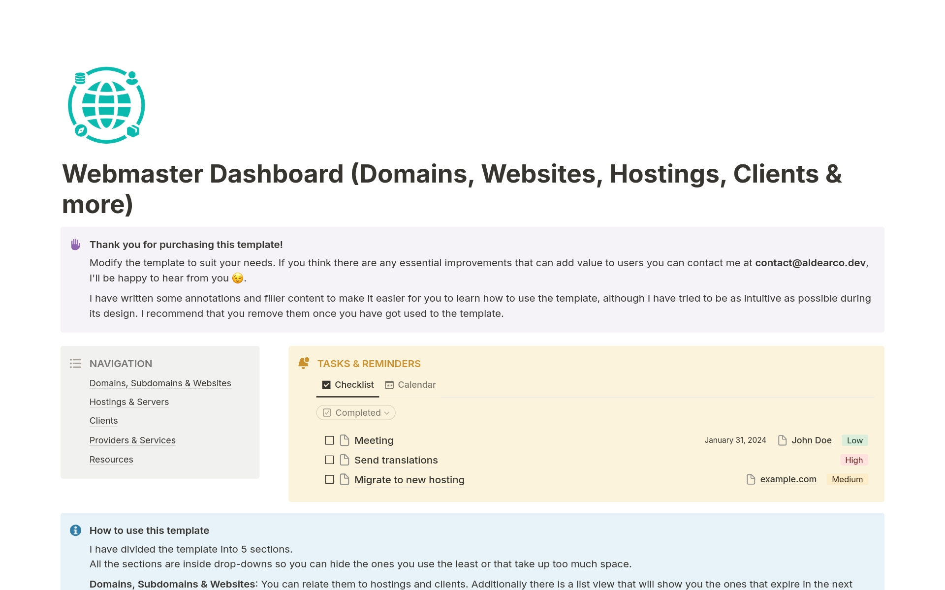 A template preview for Webmaster Dashboard (Domains, Websites, Hostings)