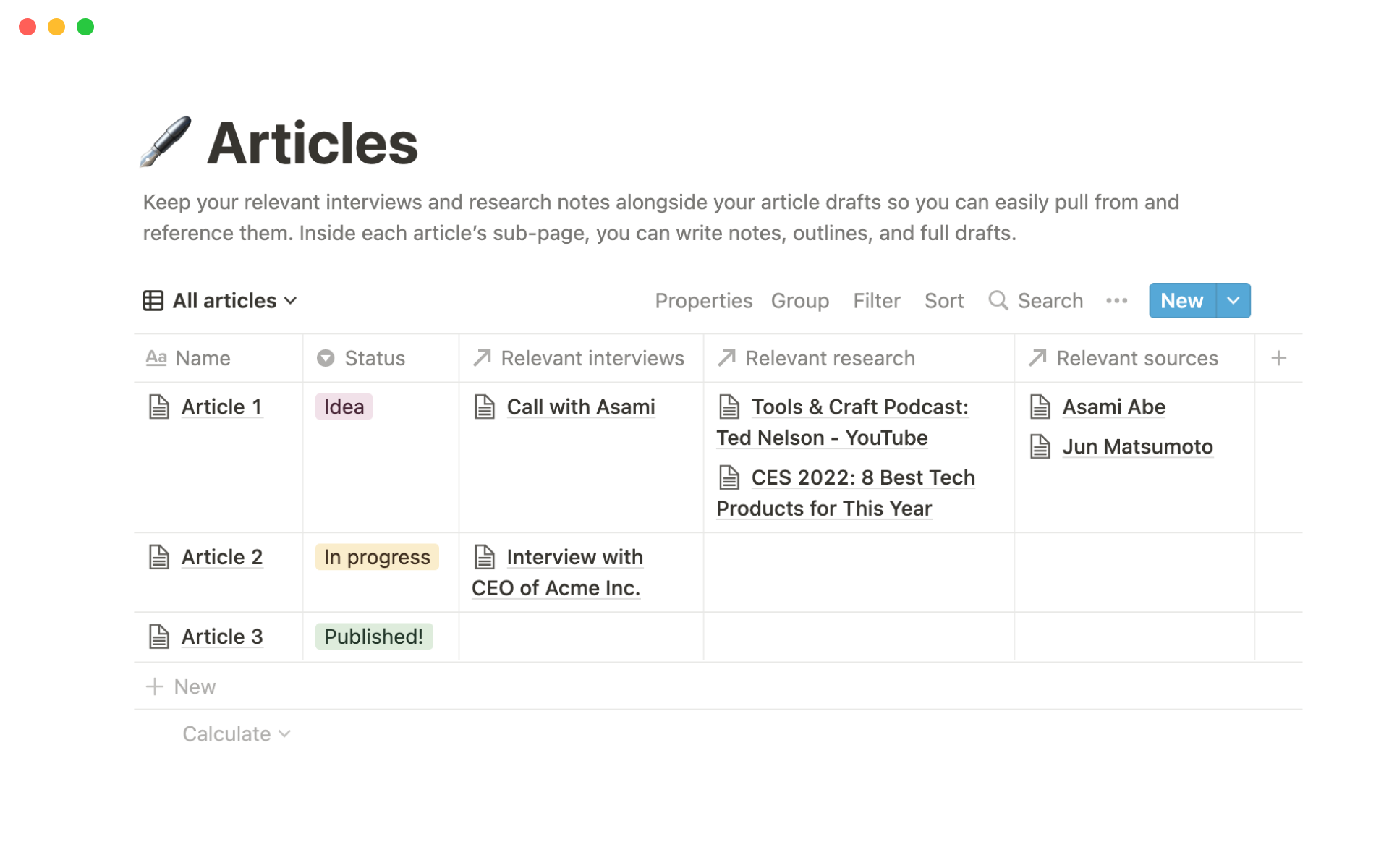 We built four connected templates that contain everything you need as a journalist to research, interview, and write.