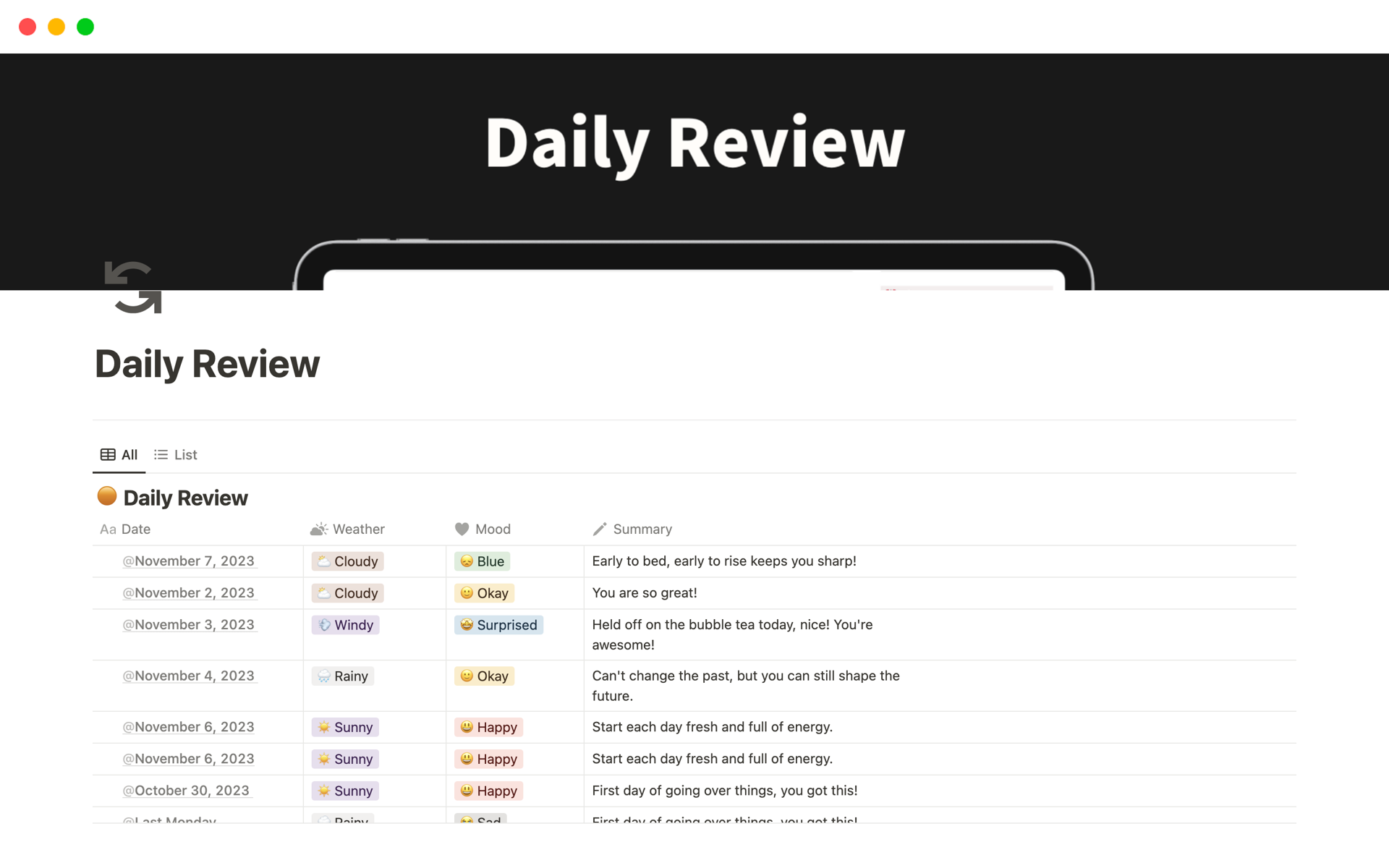 A template preview for Daily Review