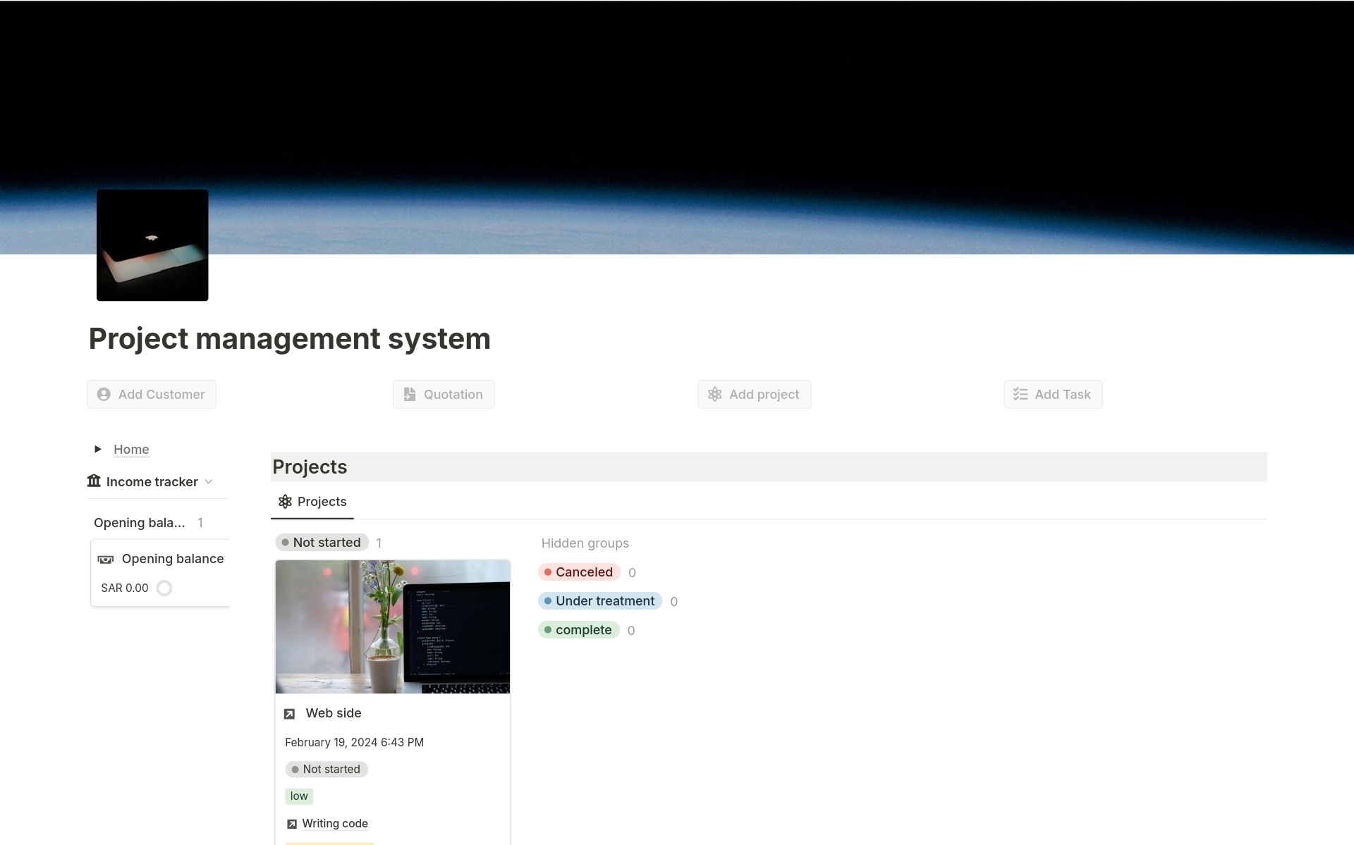 A template preview for Project management system