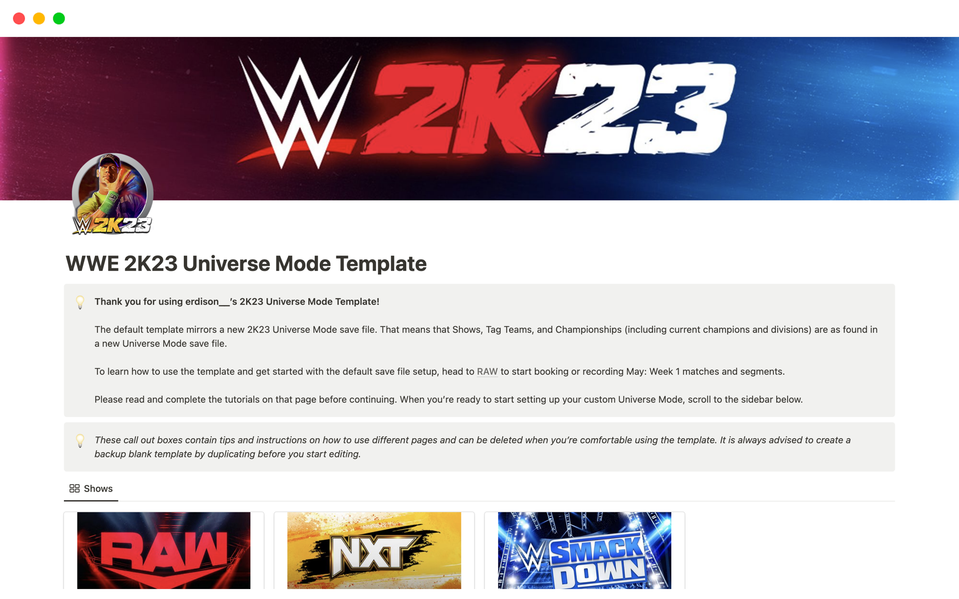 A template preview for WWE 2K23 Universe Mode