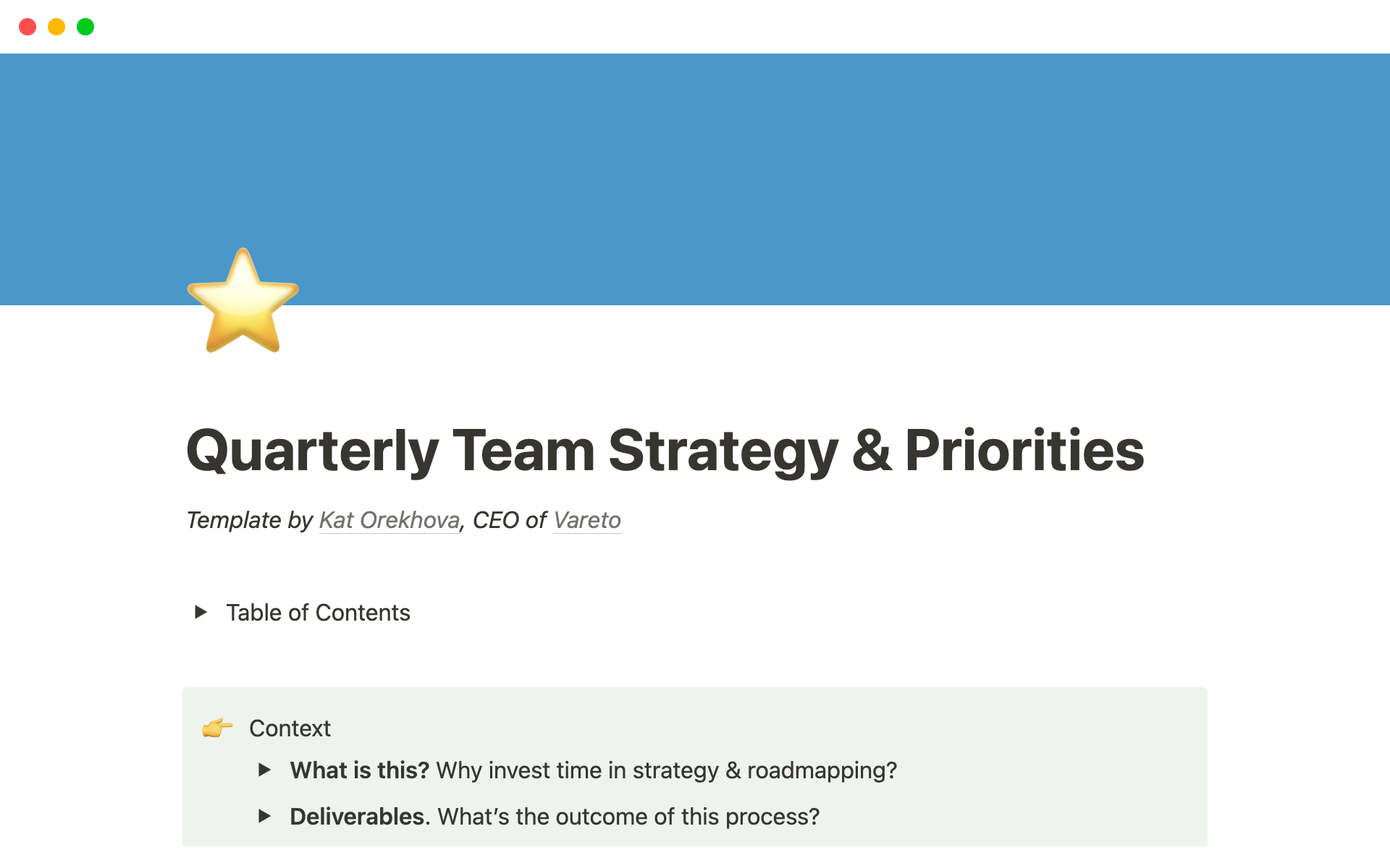 A template preview for Quarterly Strategy & Priorities Doc
