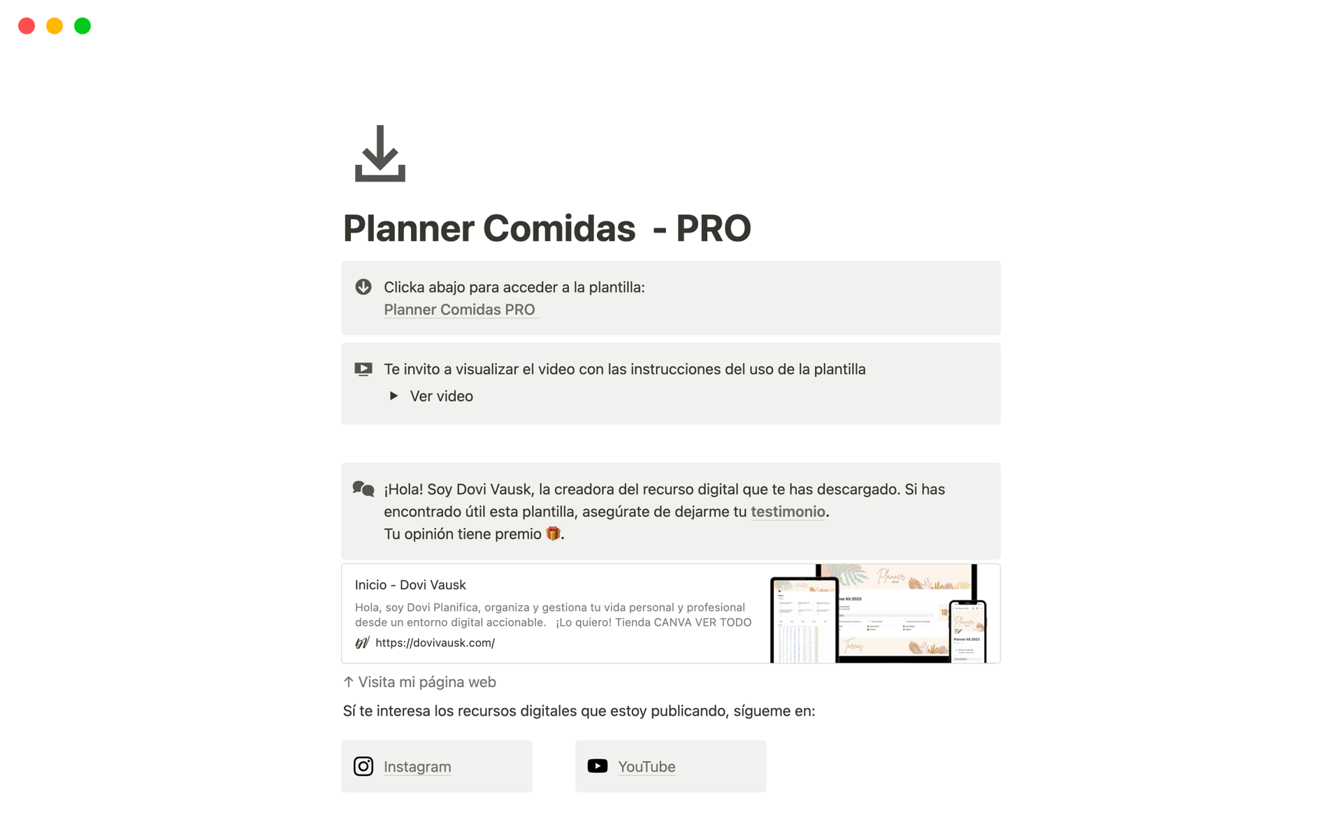 En förhandsgranskning av mallen för Planner Comidas  - PRO