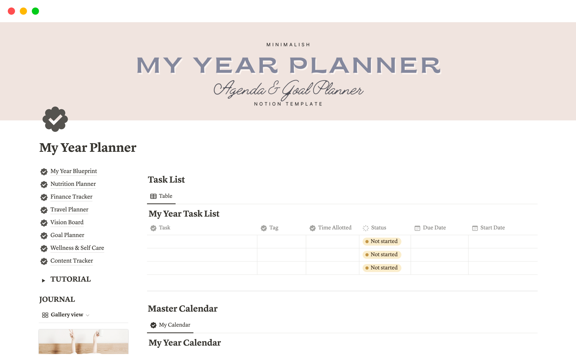 My Year Planner Notion Template with everything you need to plan your entire year in Notion from to dos to meal planning to content tracking and more.