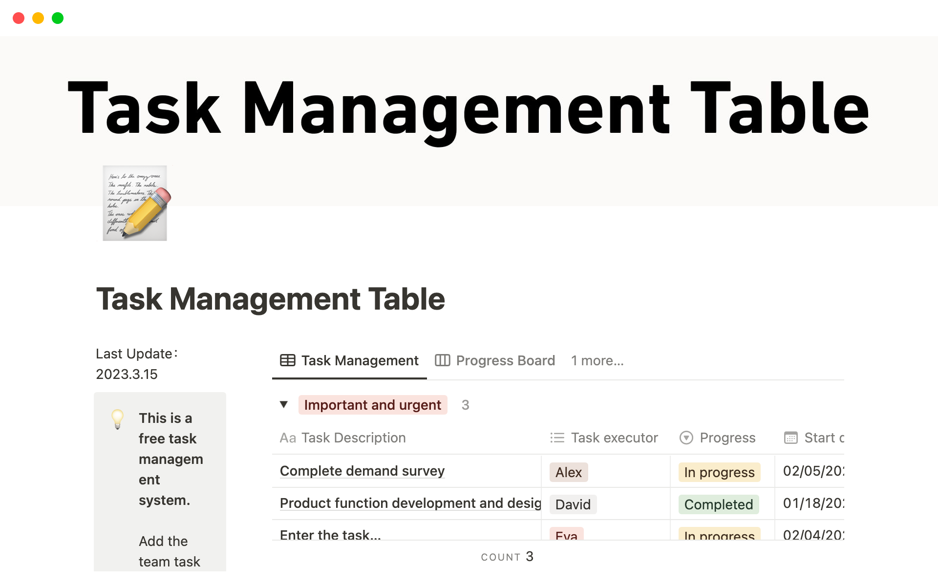 Uma prévia do modelo para Task Management Table