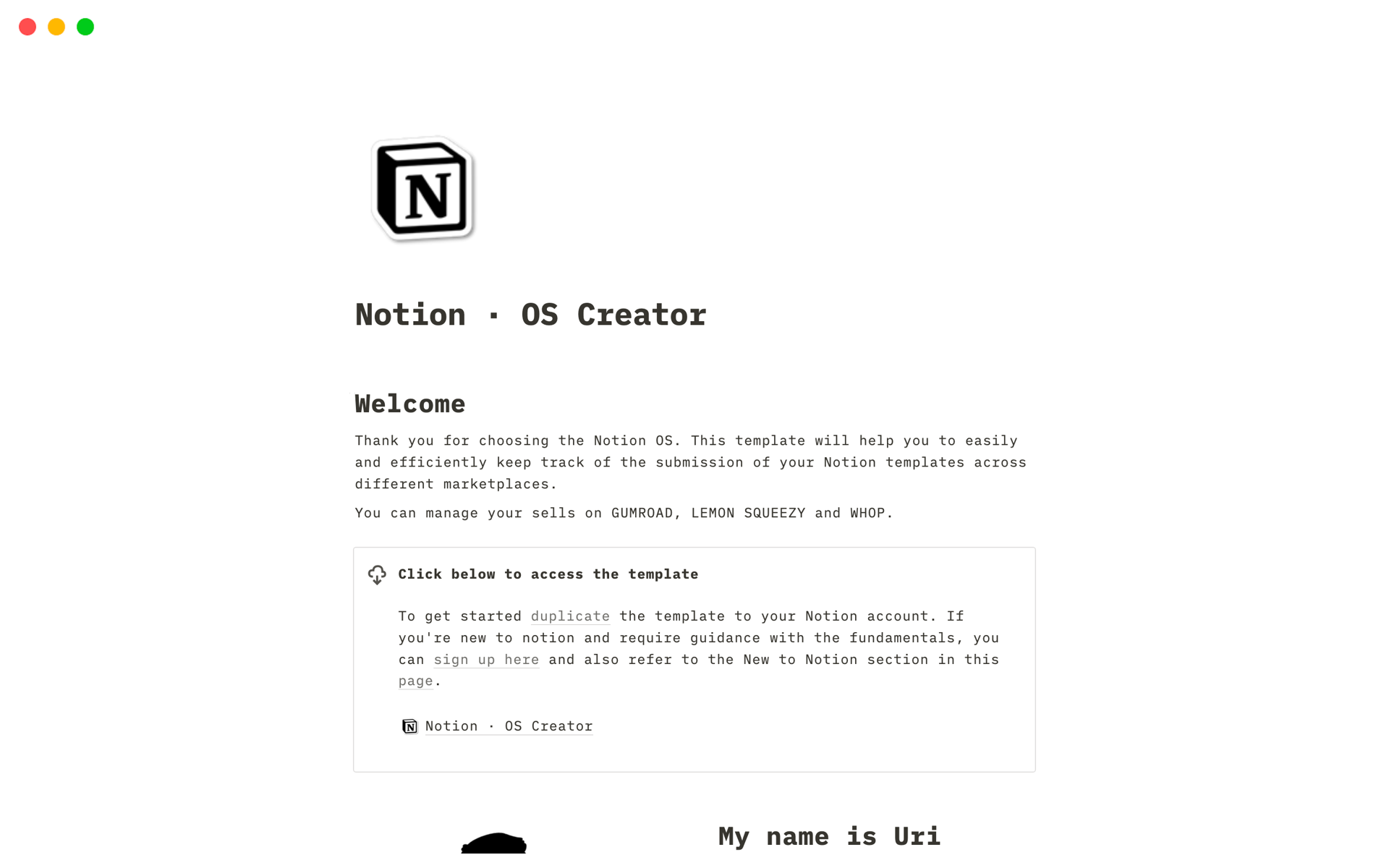 Vista previa de una plantilla para Notion · OS Creator