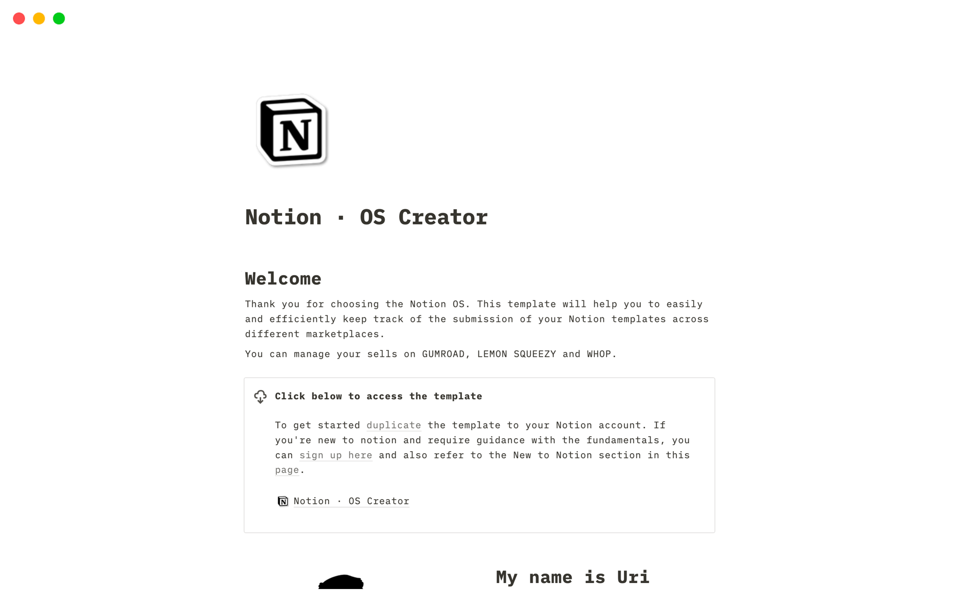 Aperçu du modèle de Notion · OS Creator