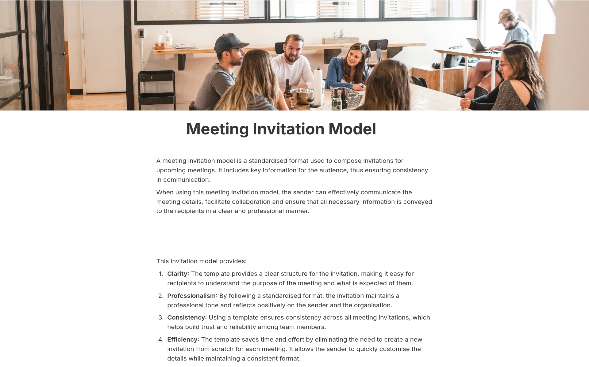 A template preview for Meeting Invitation Model