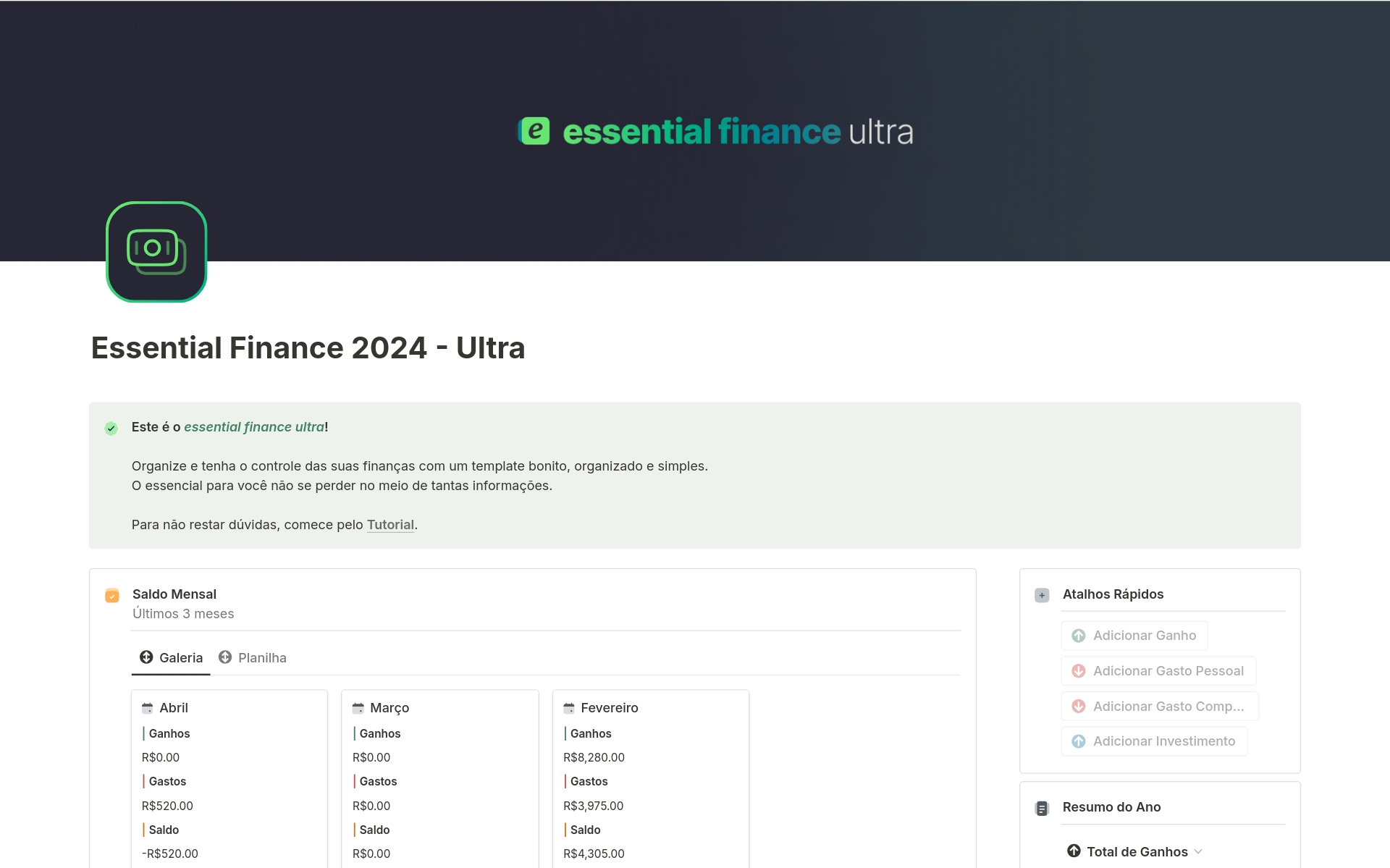 Uma prévia do modelo para Essential Finance Ultra