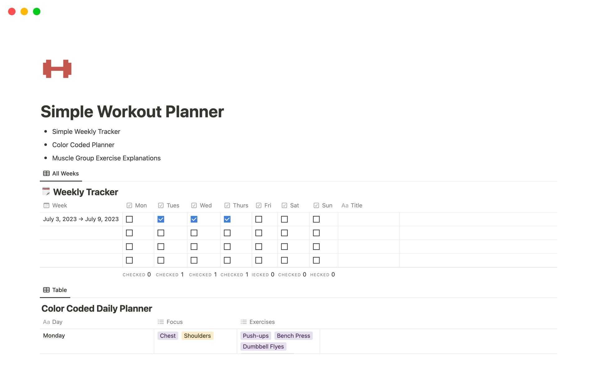 You'll get a weekly/daily workout tracker, a colour coded daily exercise planner, and a table of contents with workouts for main muscle groups and explanations.