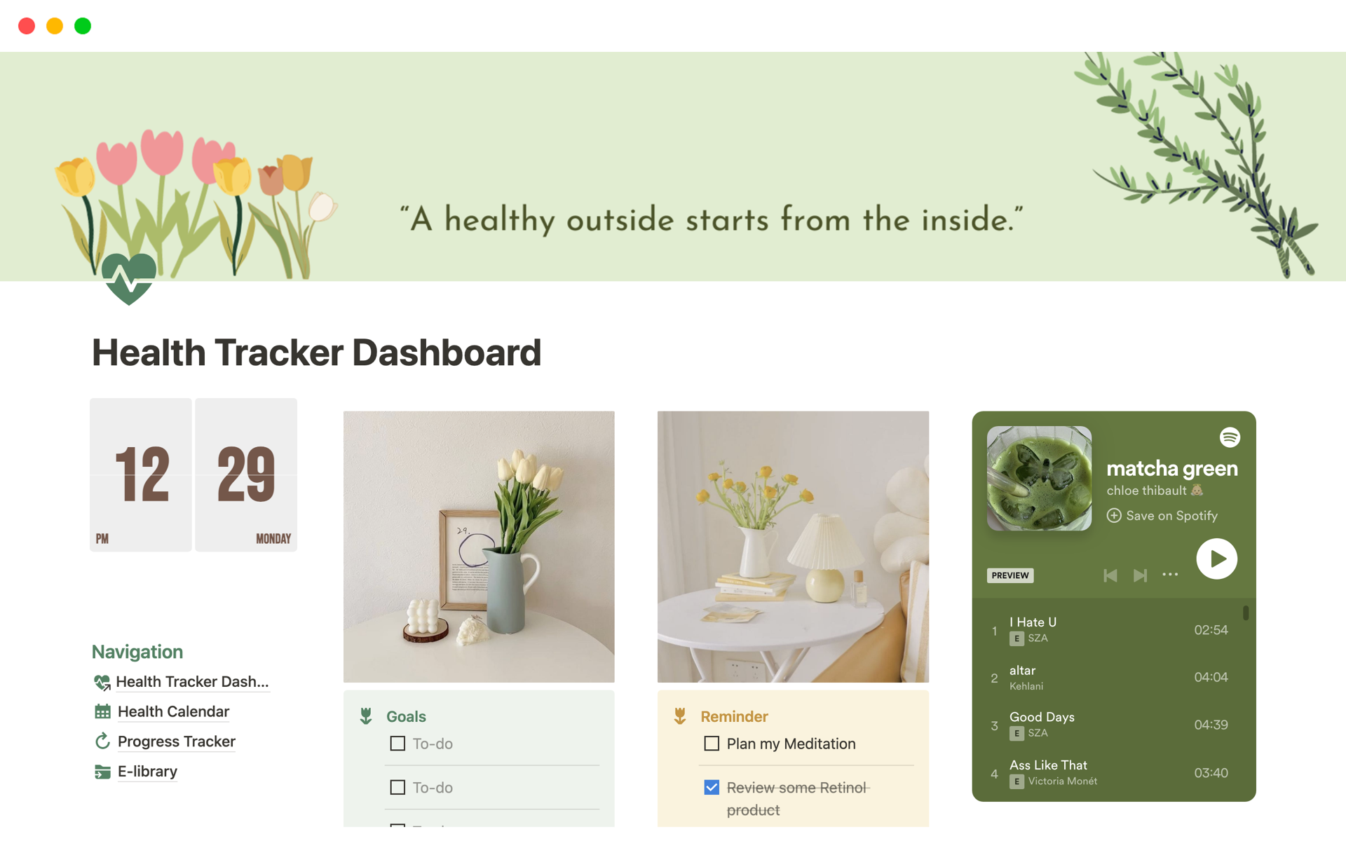 En förhandsgranskning av mallen för Health Tracker Dashboard