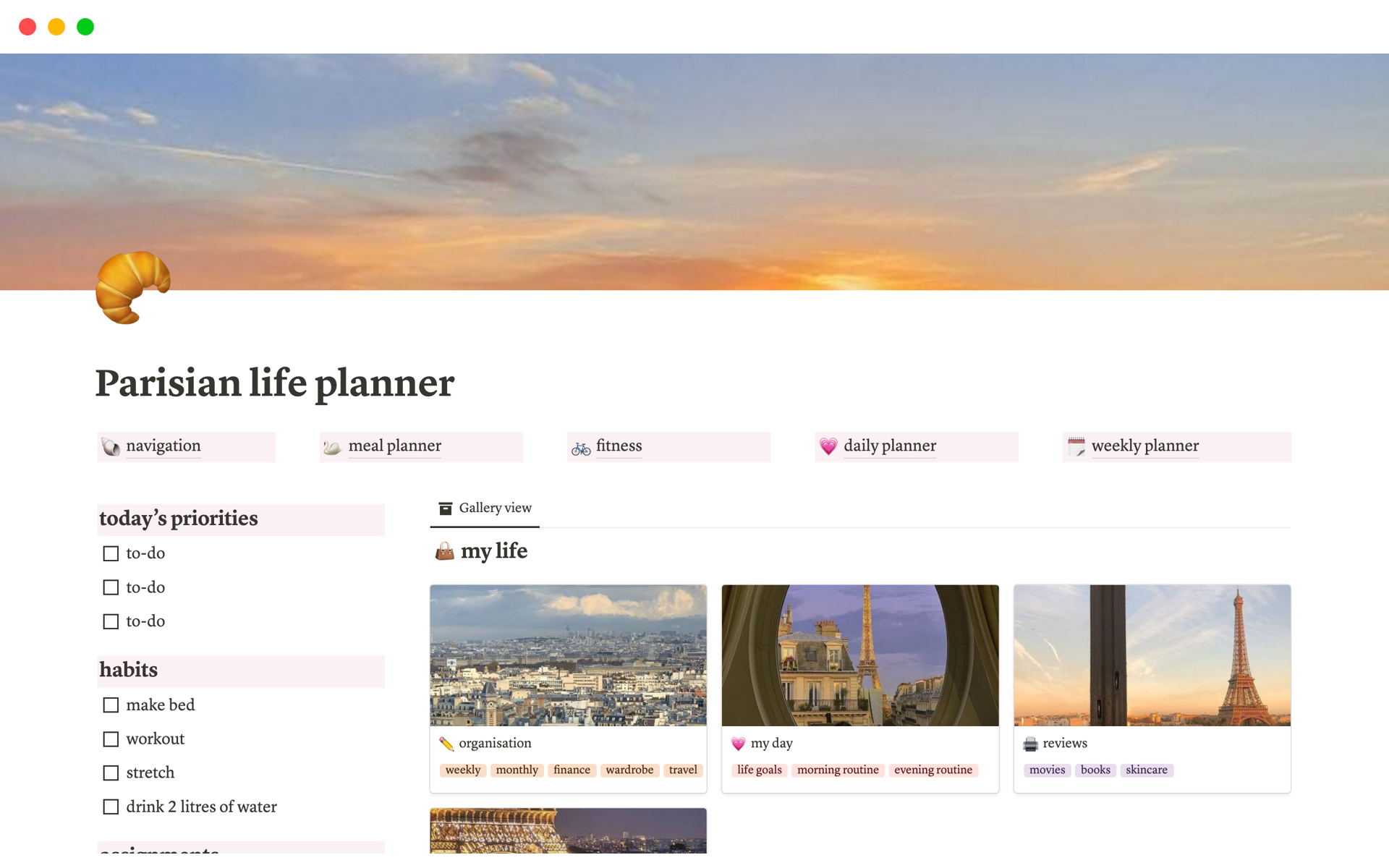 Get ready to be organised with this Parisian Aesthetic Ultimate That Girl Notion Life Planner Template that has been carefully developed to coordinate your chores, schedules and much more.