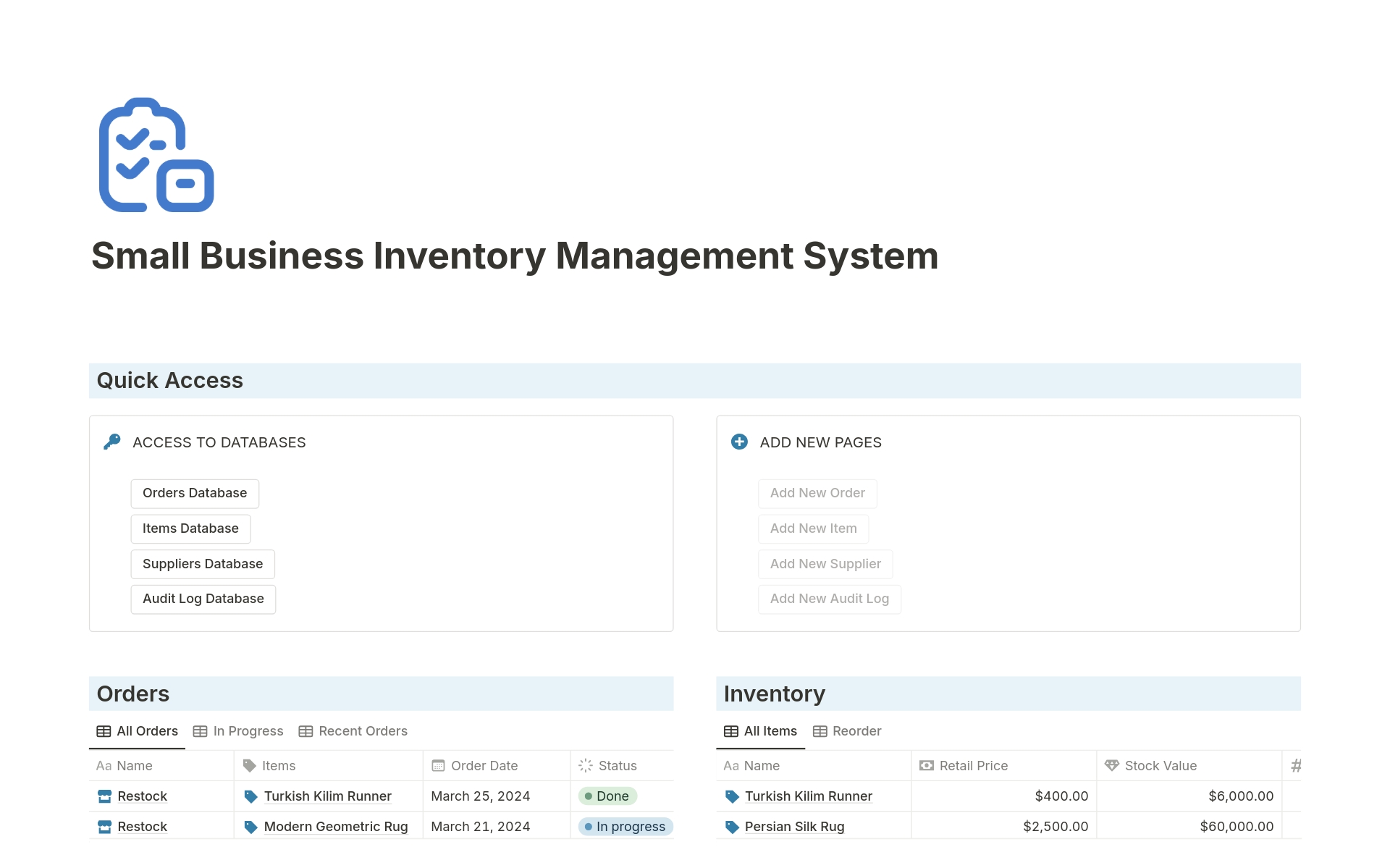 A template preview for Small Business Inventory Management System