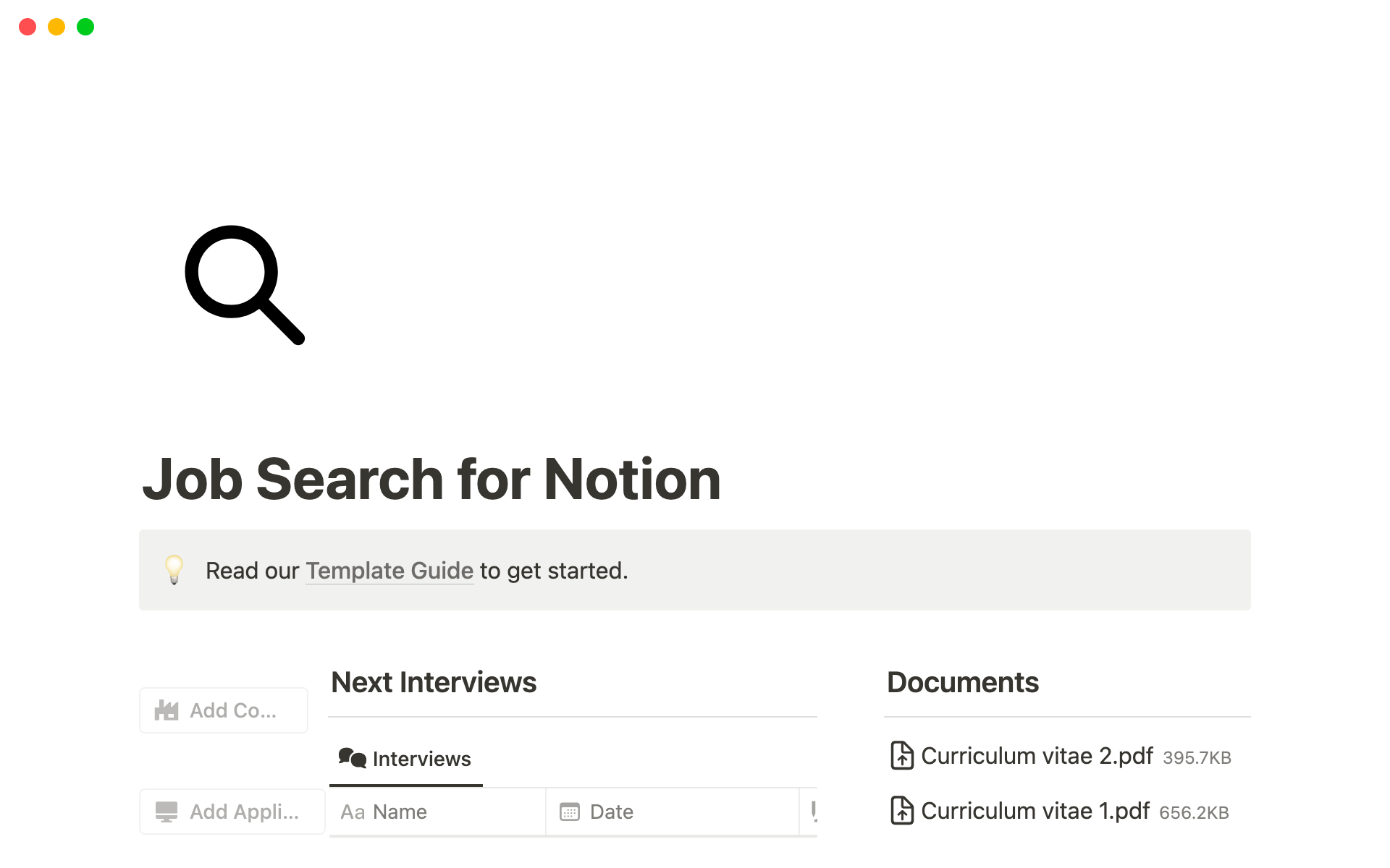 A template preview for Job Search for Notion
