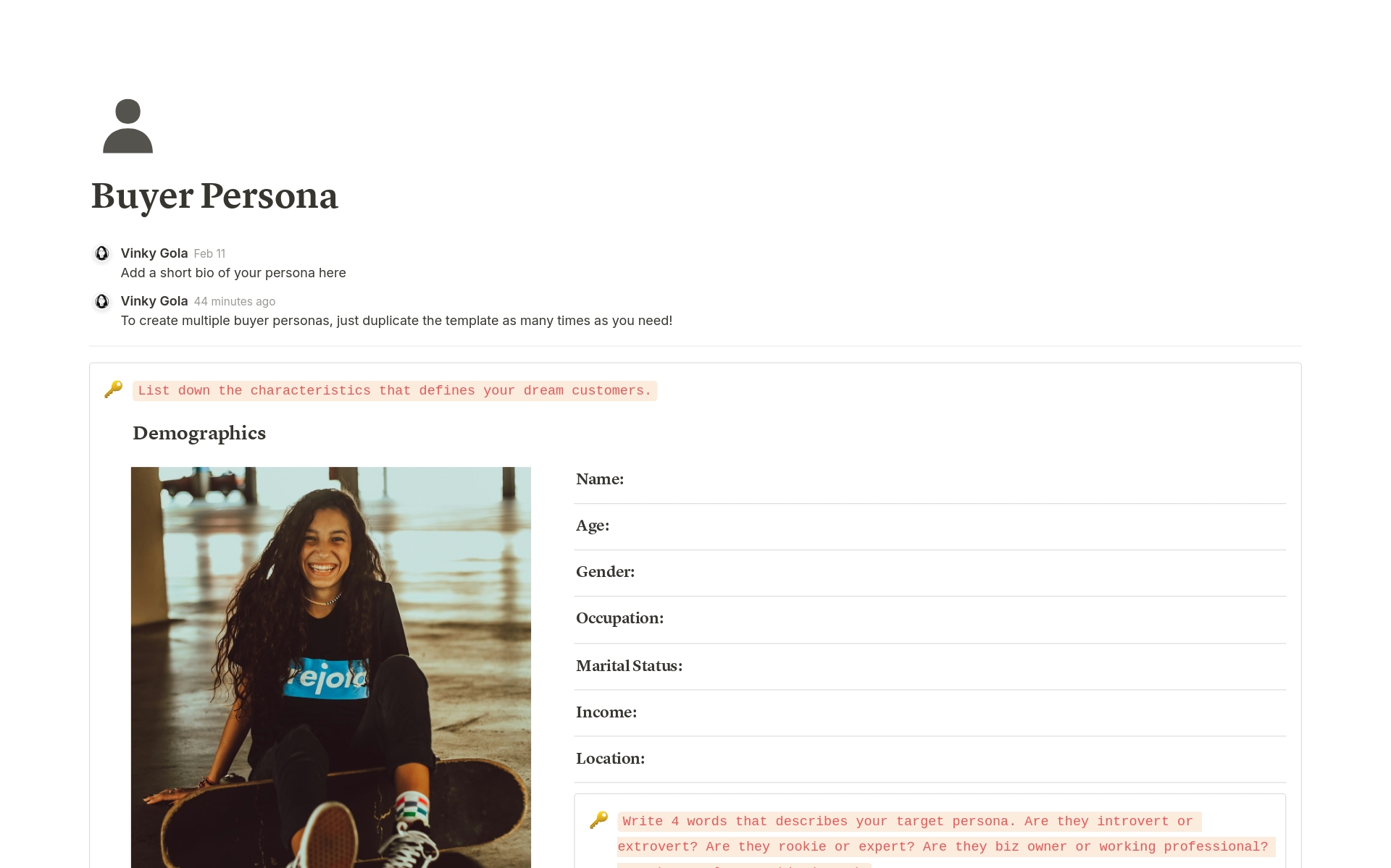 A template preview for Buyer or User Persona