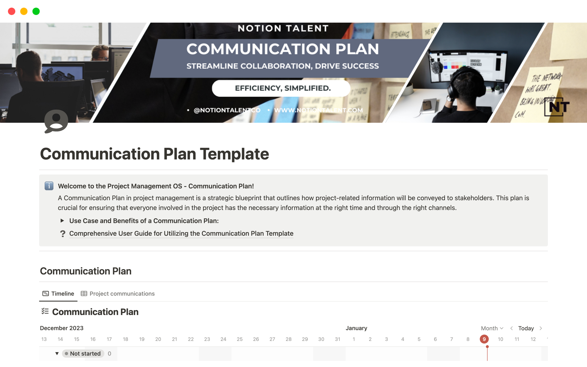 Enhance your project's effectiveness with the Notion Communication Plan Template, designed to streamline internal and external communications. This template is an essential tool for ensuring all stakeholders are well-informed and aligned with project goals.