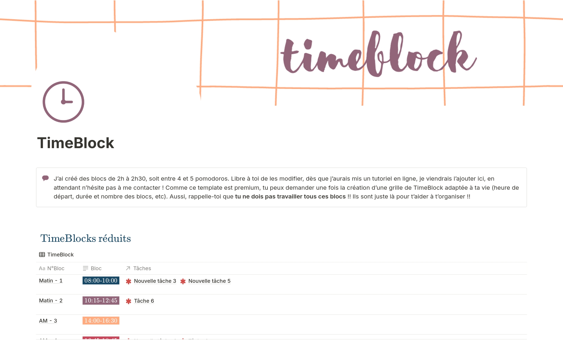 A template preview for Time Blocking pour Notion