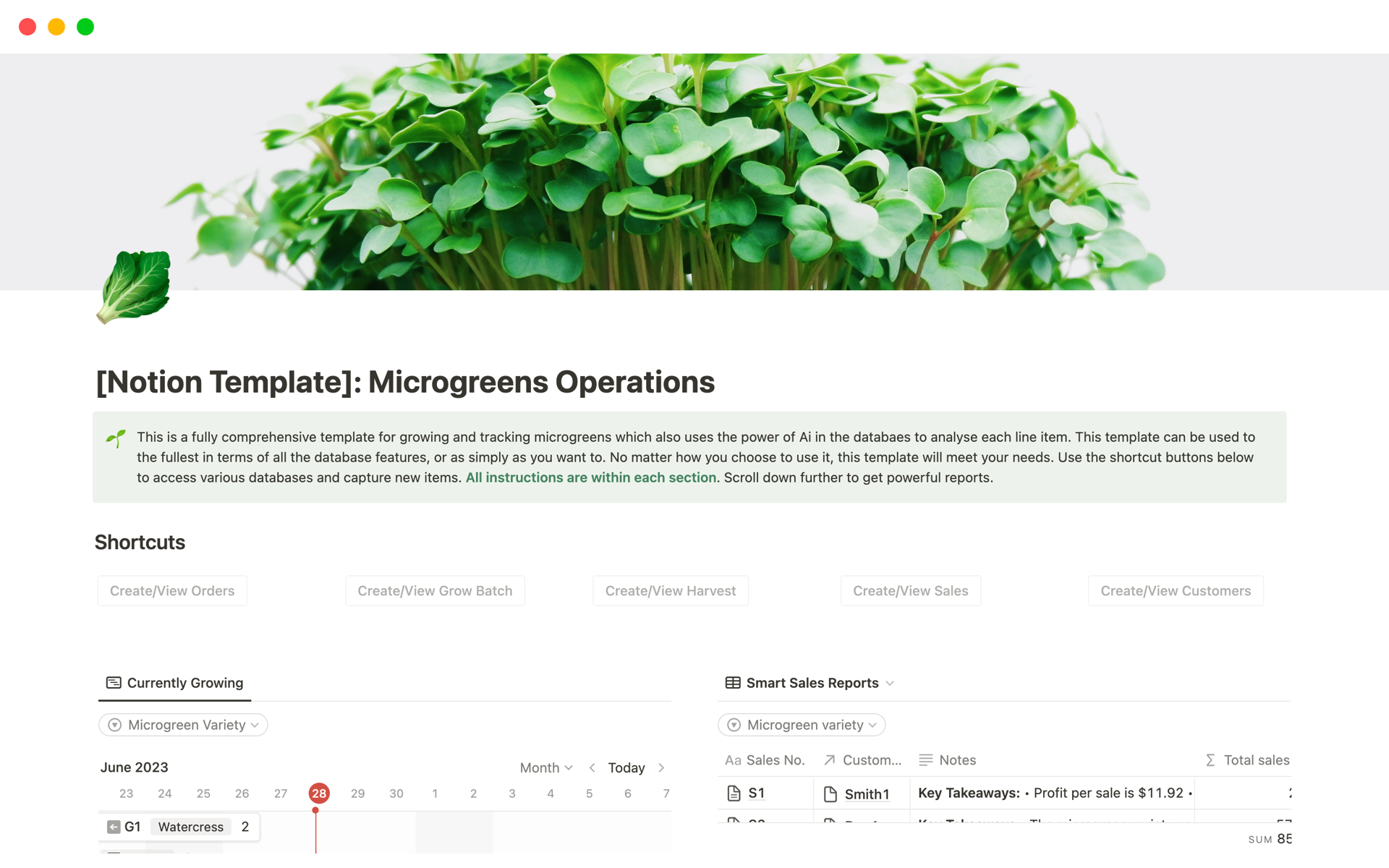 A template preview for [Notion Template]: Microgreens Operations