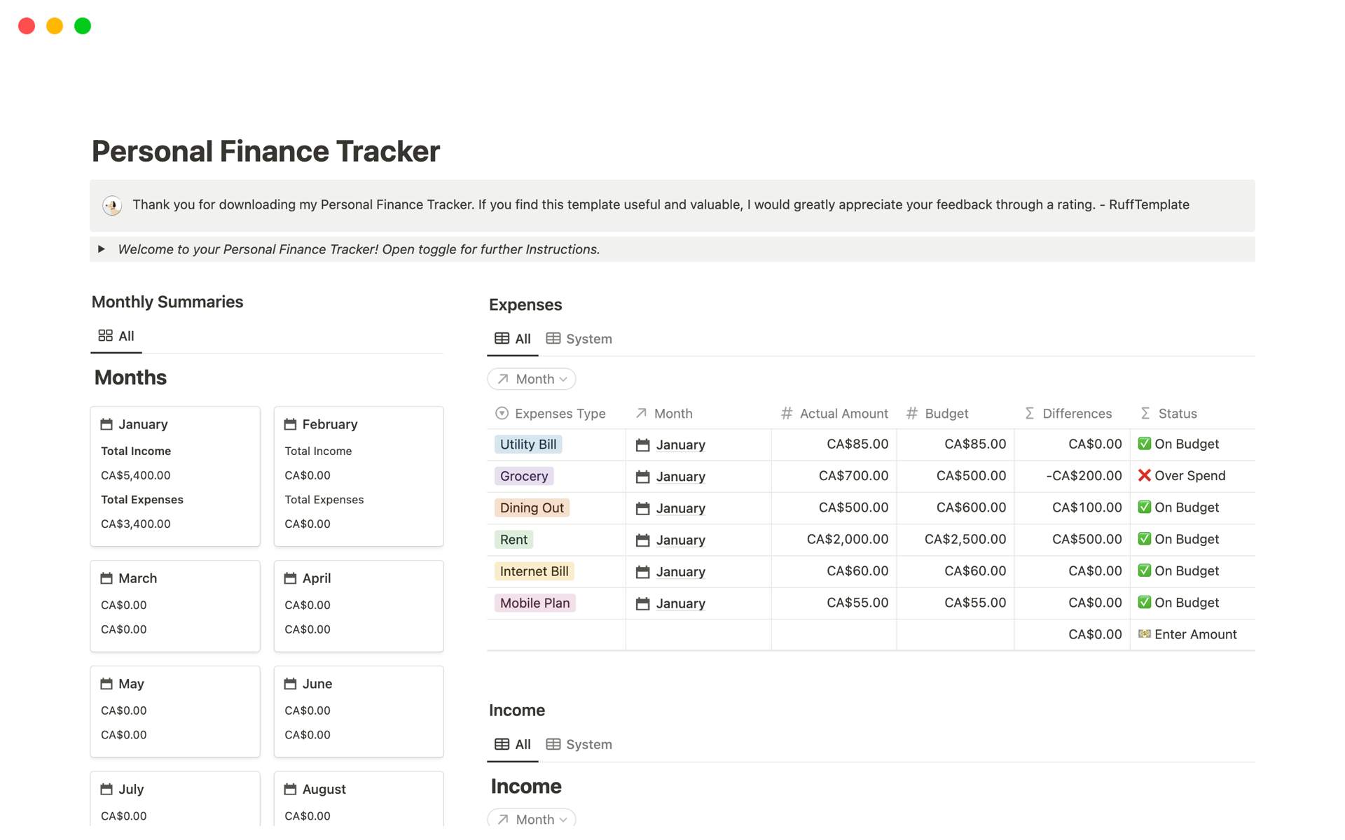 Gain Financial Control: Easily Track Your Monthly Income and Expenses with Notion.