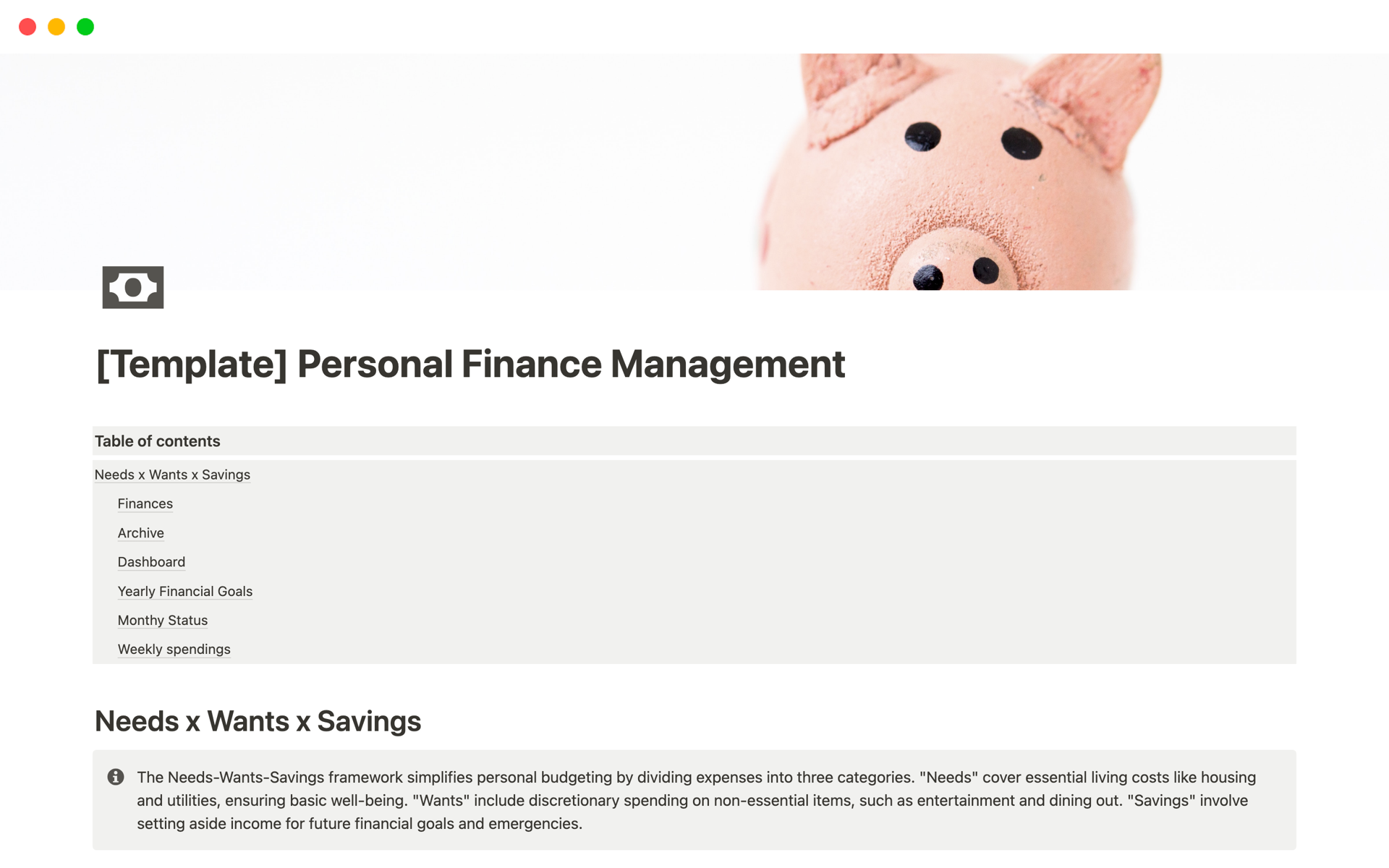 A template preview for Personal Finance Management