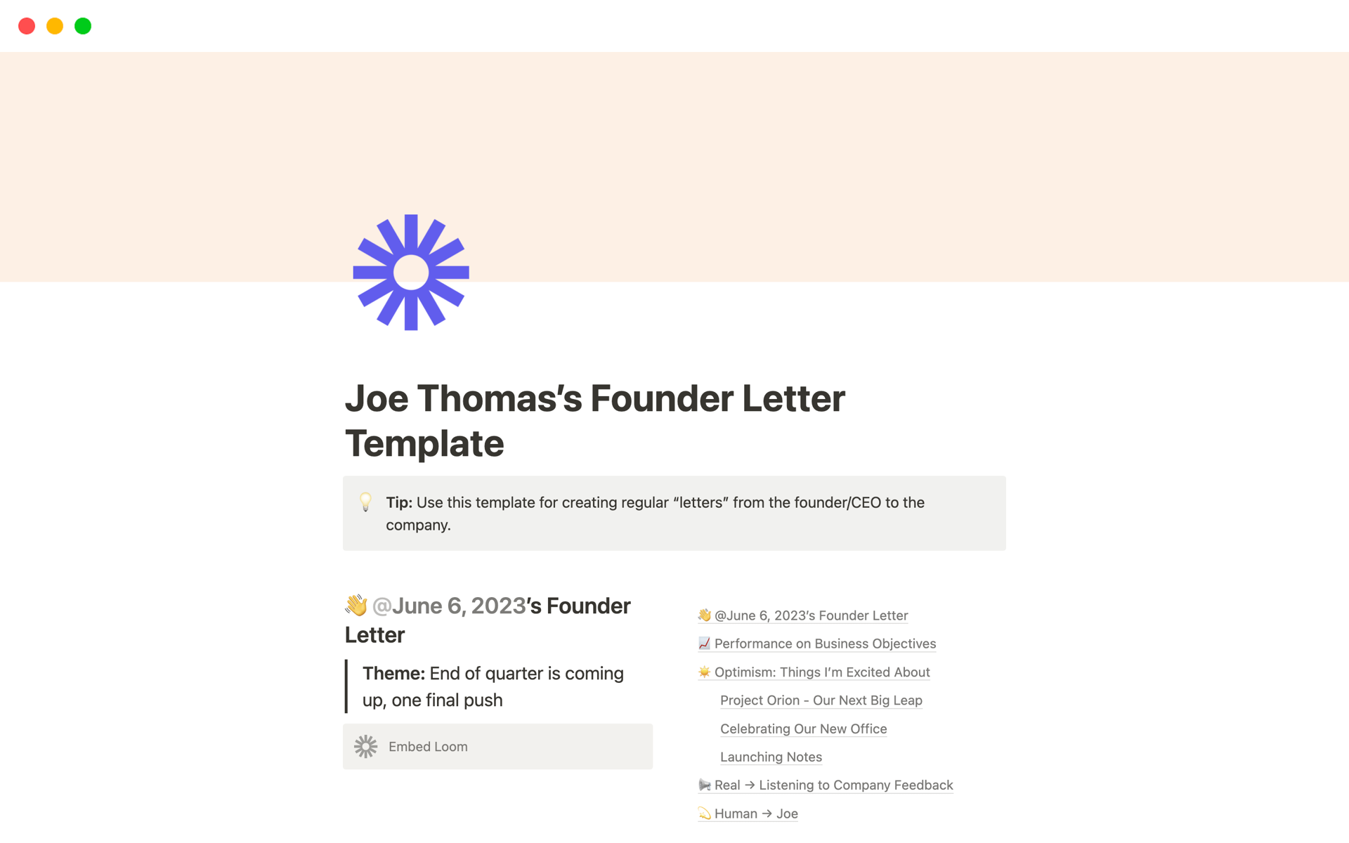 A template preview for Founder Letter