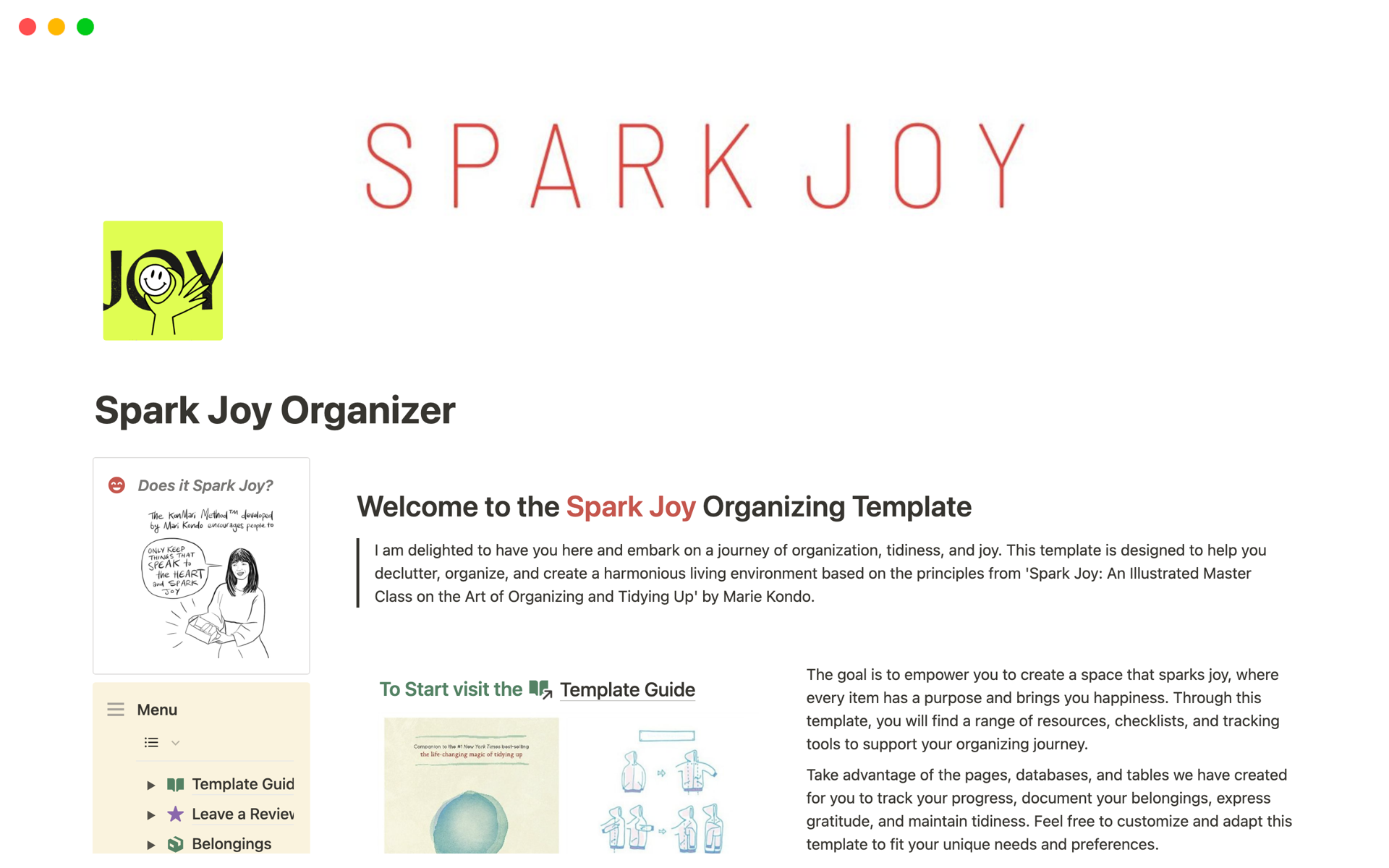 The Notion Spark Joy Organizing Template is a comprehensive resource inspired by Marie Kondo's principles, offering a complete solution for achieving a harmonious living environment through decluttering and organizing.