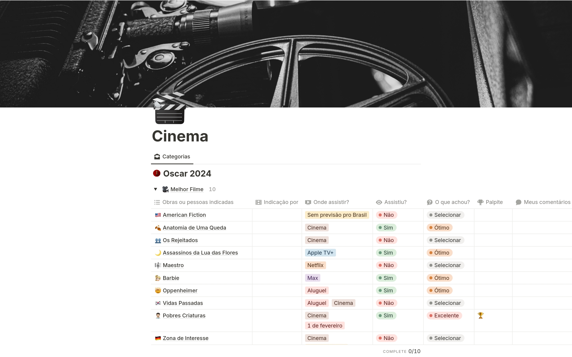 Este tracker serve pra você catalogar os filmes indicados ao Oscar 2024.