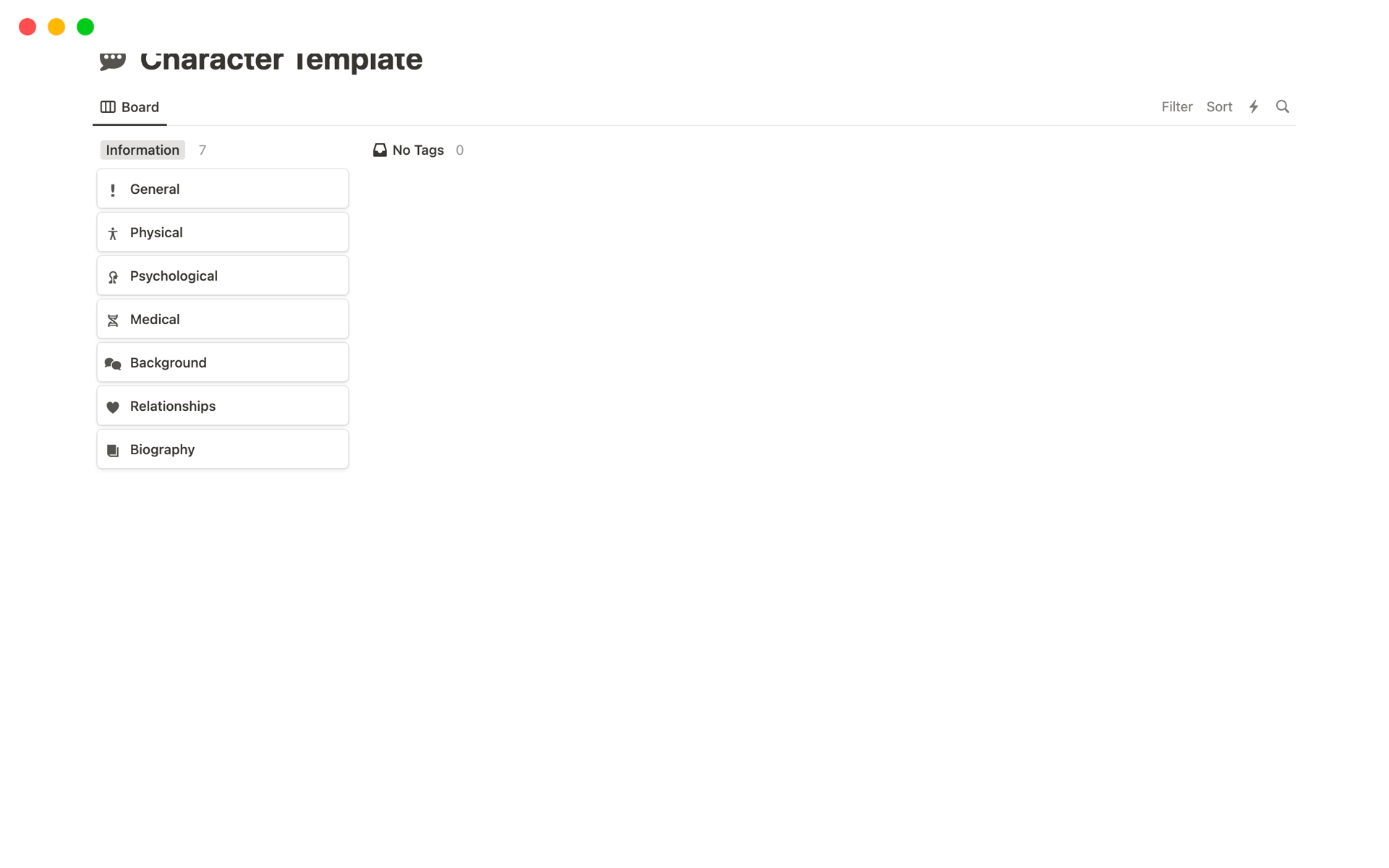 A template preview for Character Guidelines for Creative Writing