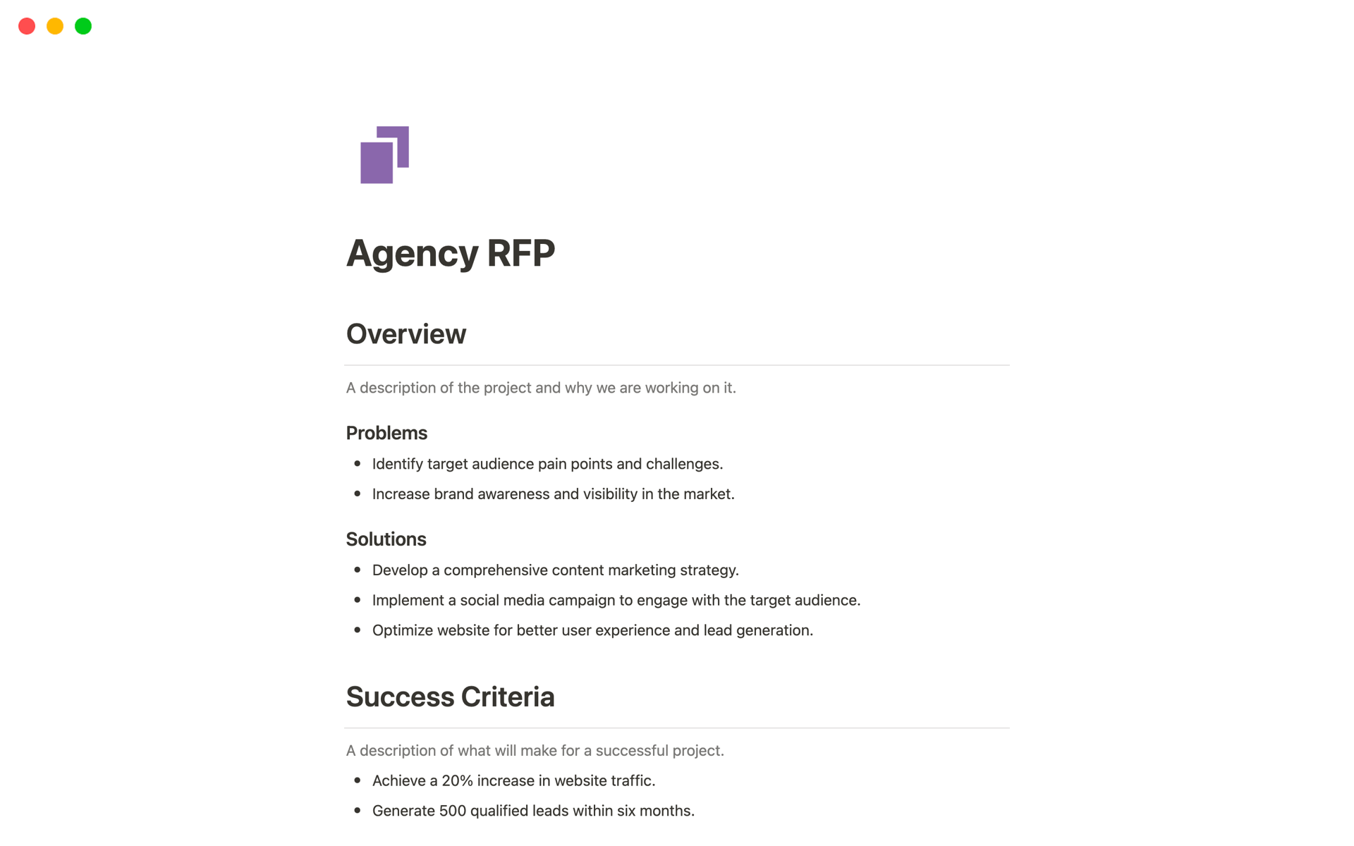 A template preview for Agency RFP
