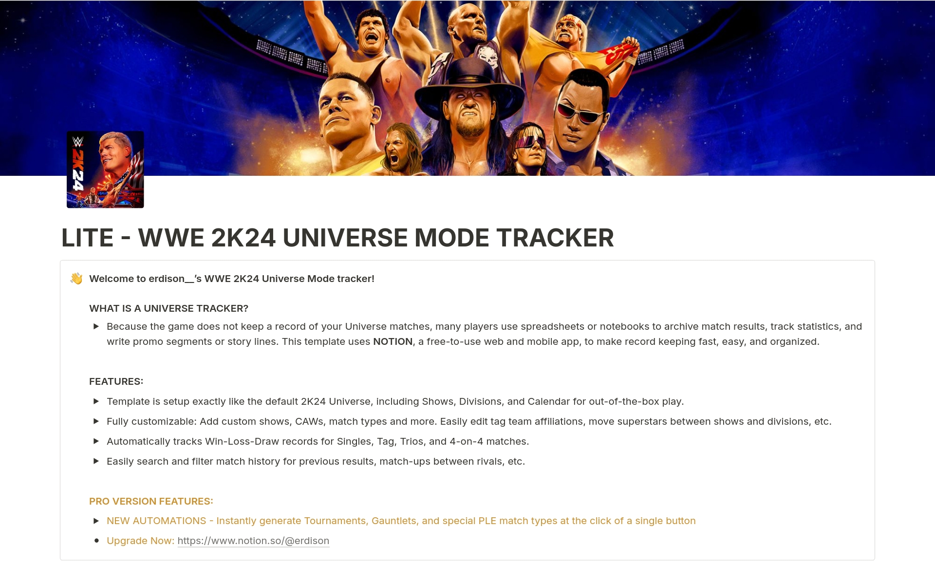 Vista previa de una plantilla para LITE - WWE 2K24 Universe Mode Tracker