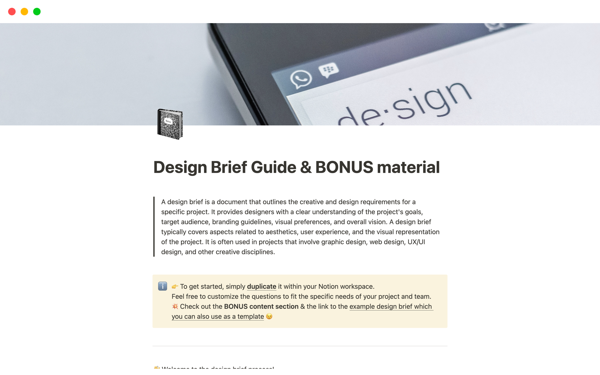 A template preview for Design Brief Guide & BONUS material