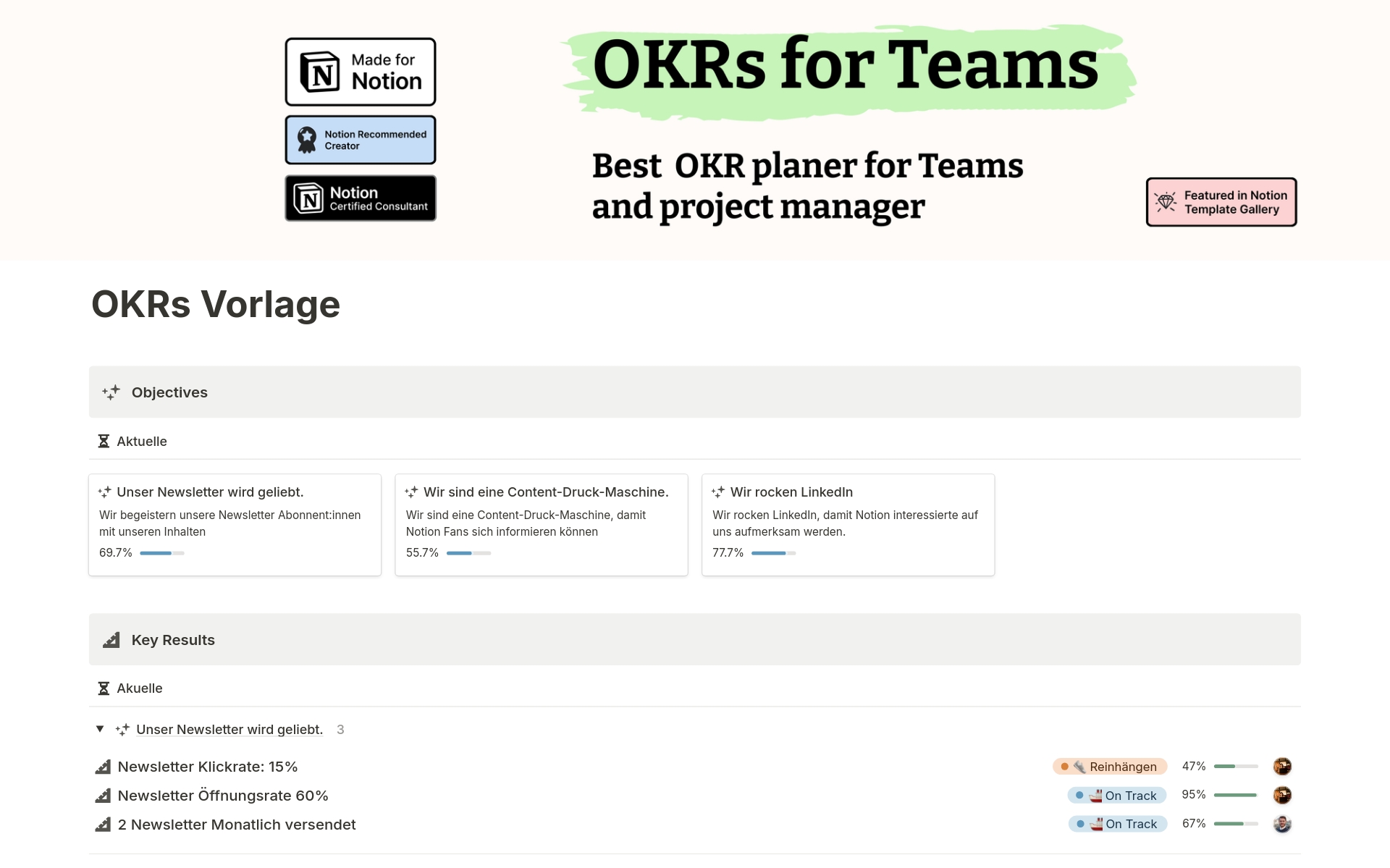 A template preview for OKRs Tracker