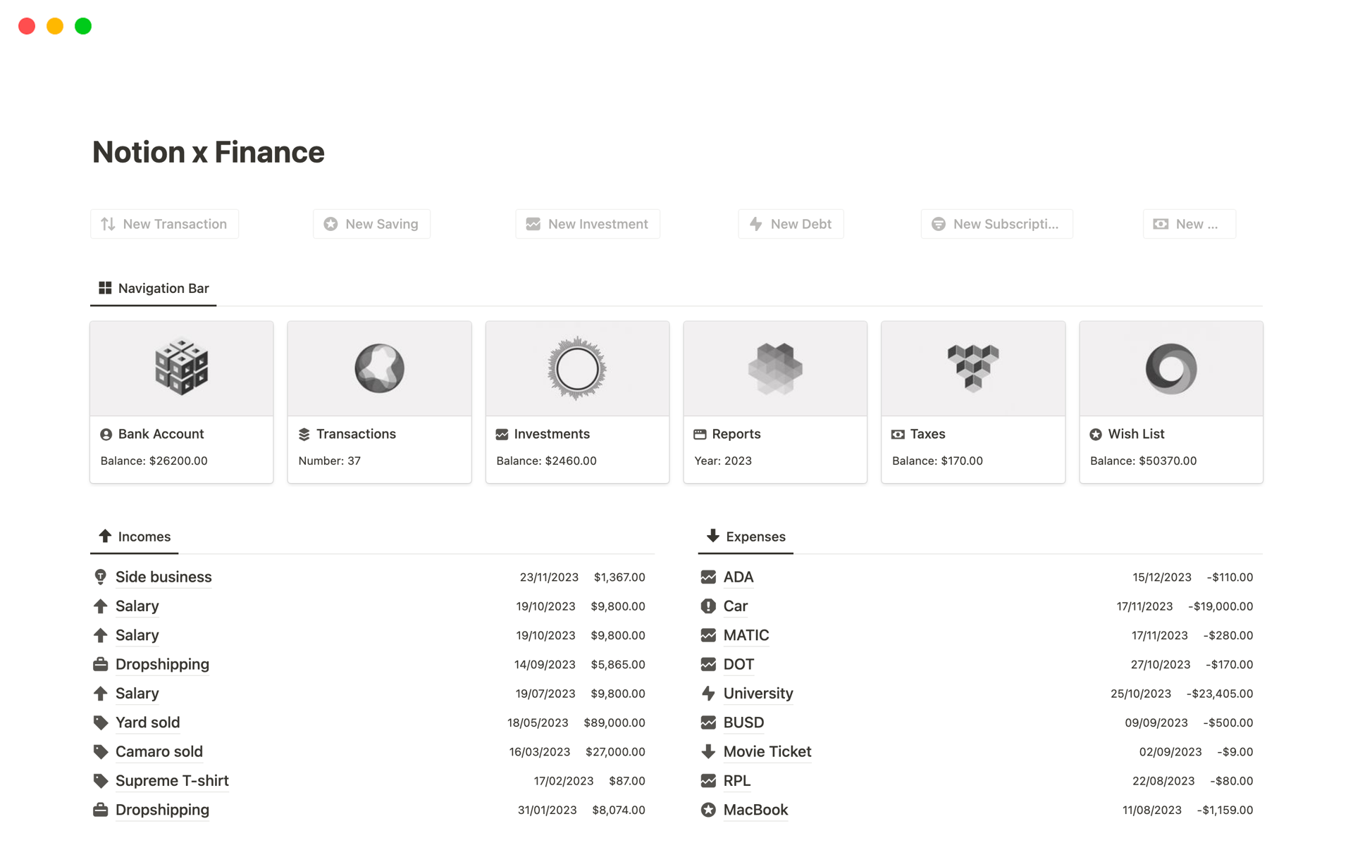 A template preview for Notion x Finance