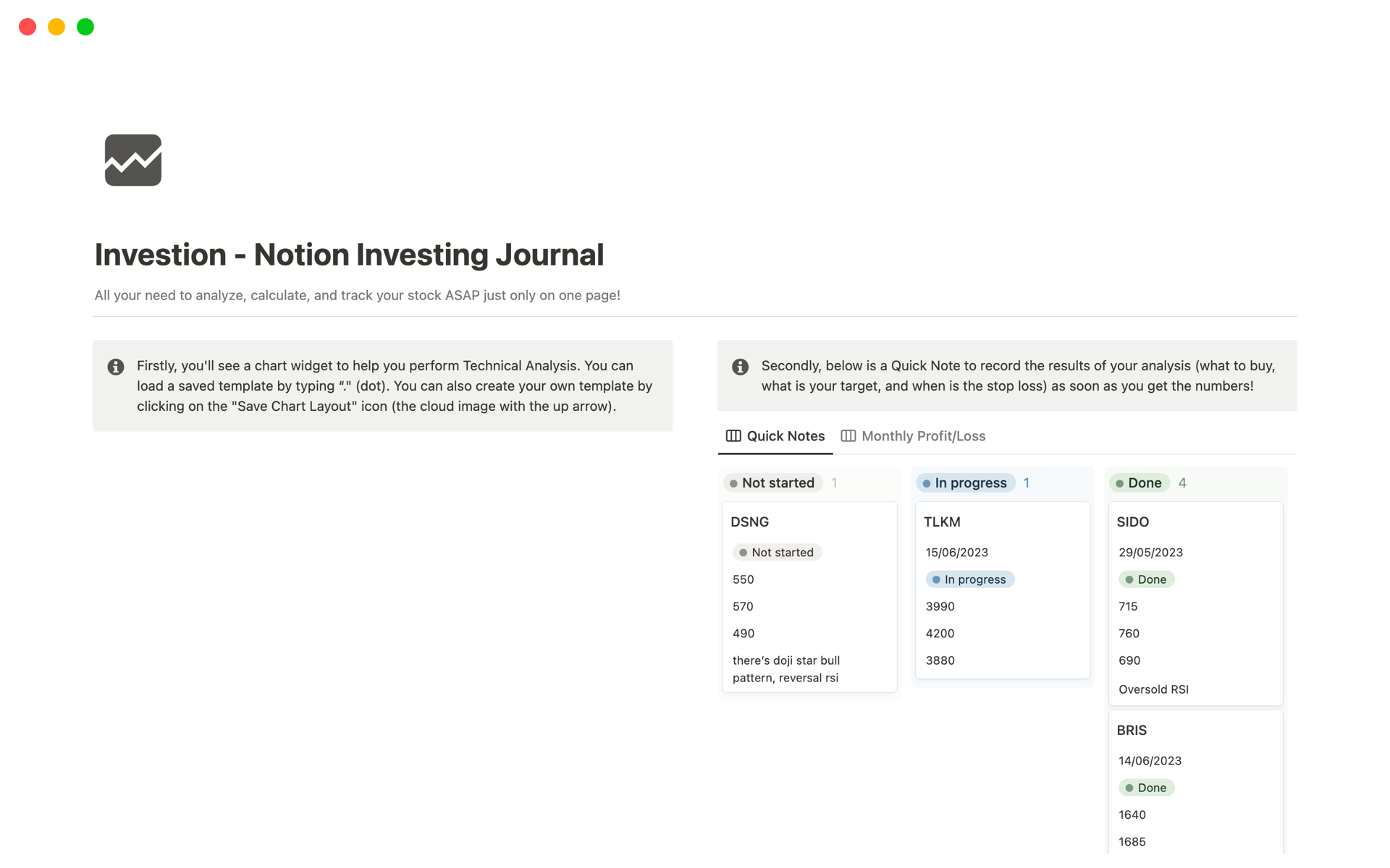 A template preview for Investion - Notion Investing Journal