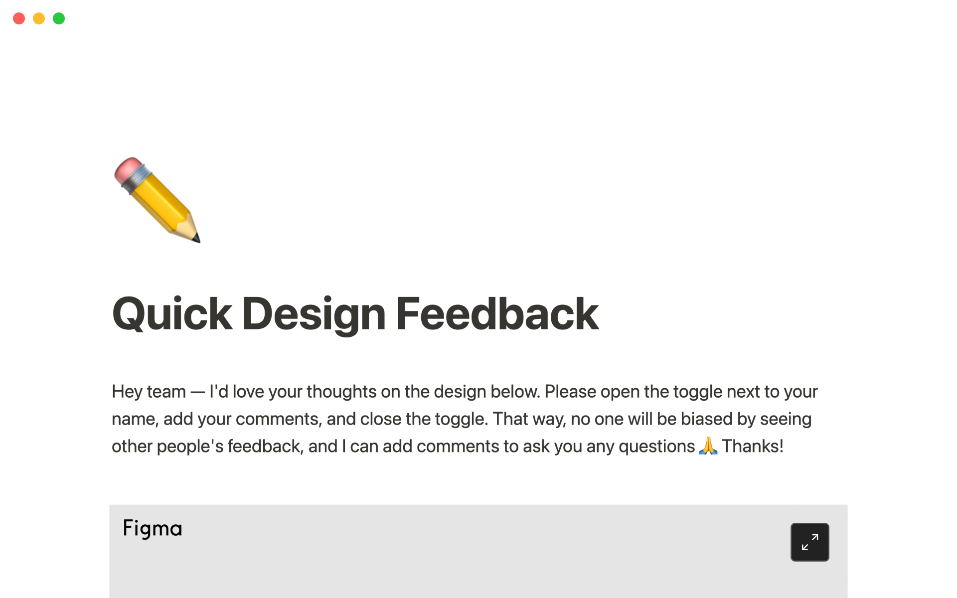 A template preview for Quick design feedback