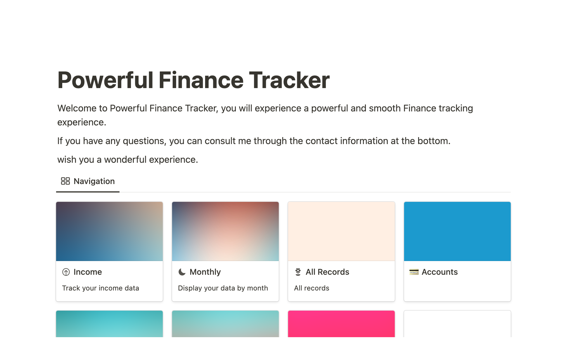 En forhåndsvisning av mal for Powerful Finance Tracker