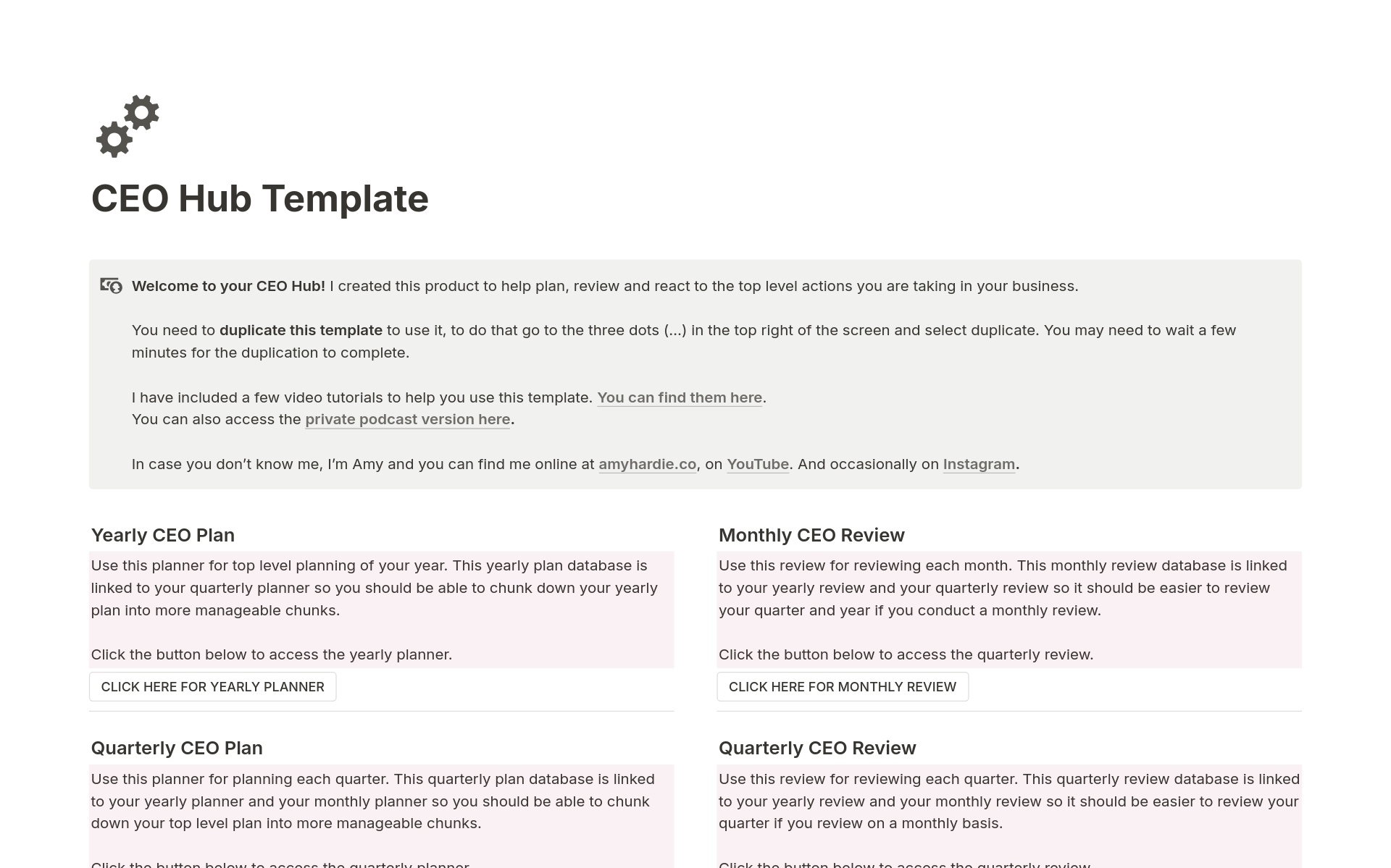 This Notion CEO Hub template will help you: 

1: Review if you are actually taking the actions that you say you are going to take
2: Review if those actions are working and worth continuing with
3: Review your products and offers to see what is resonating with your customers