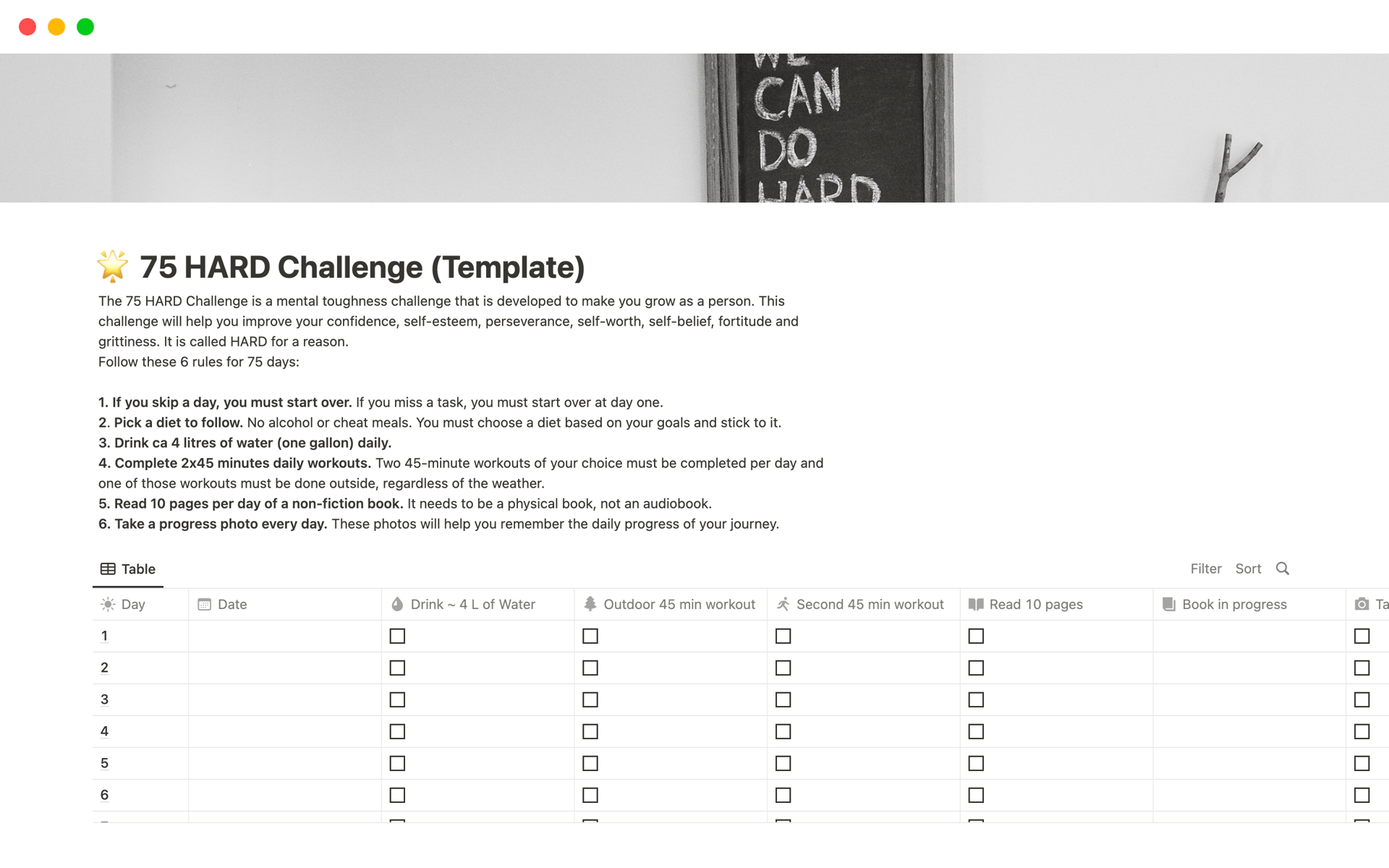 Eine Vorlagenvorschau für 75 HARD challenge tracker