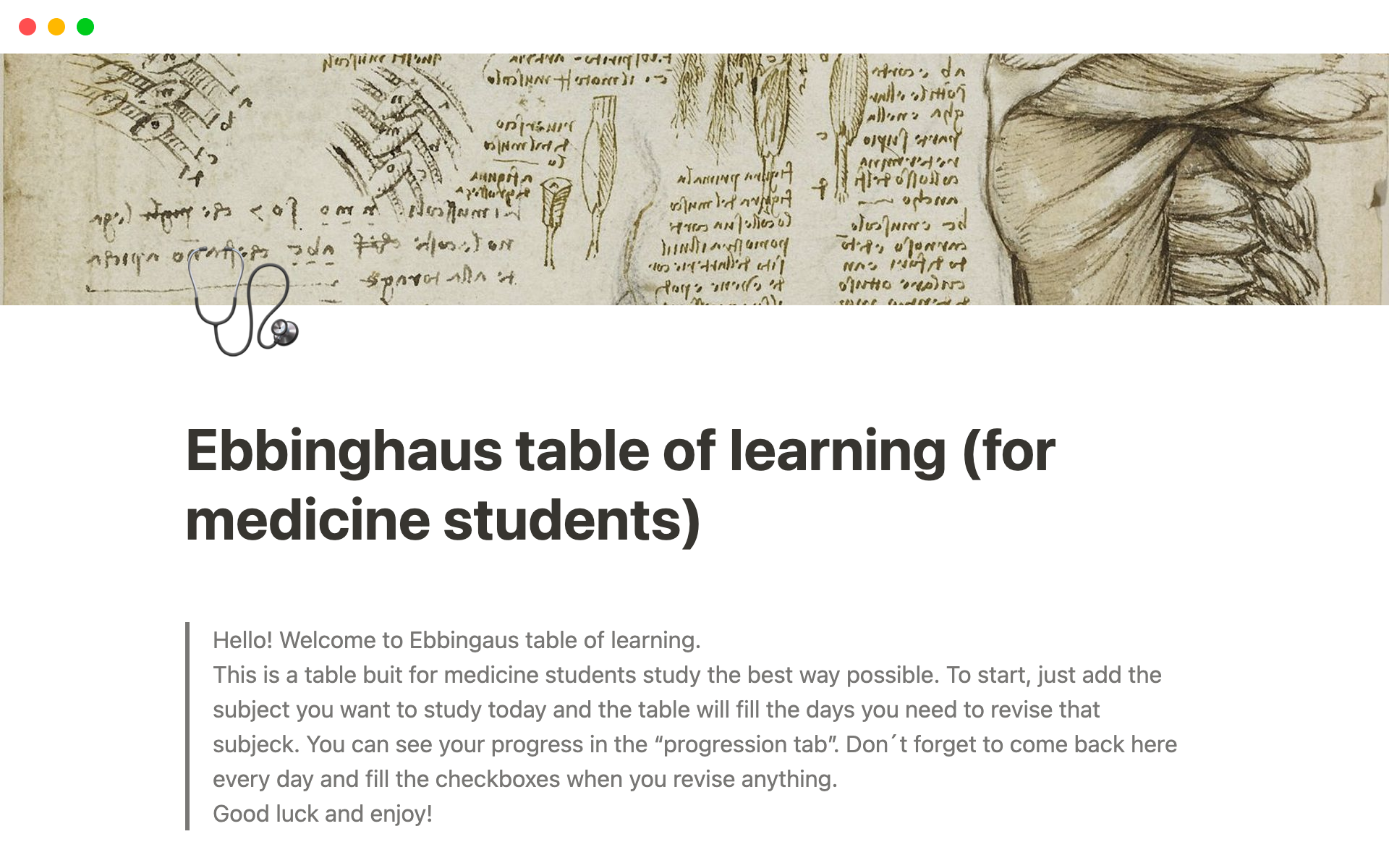 A template preview for Ebbinghaus table of learning (for medicine students)